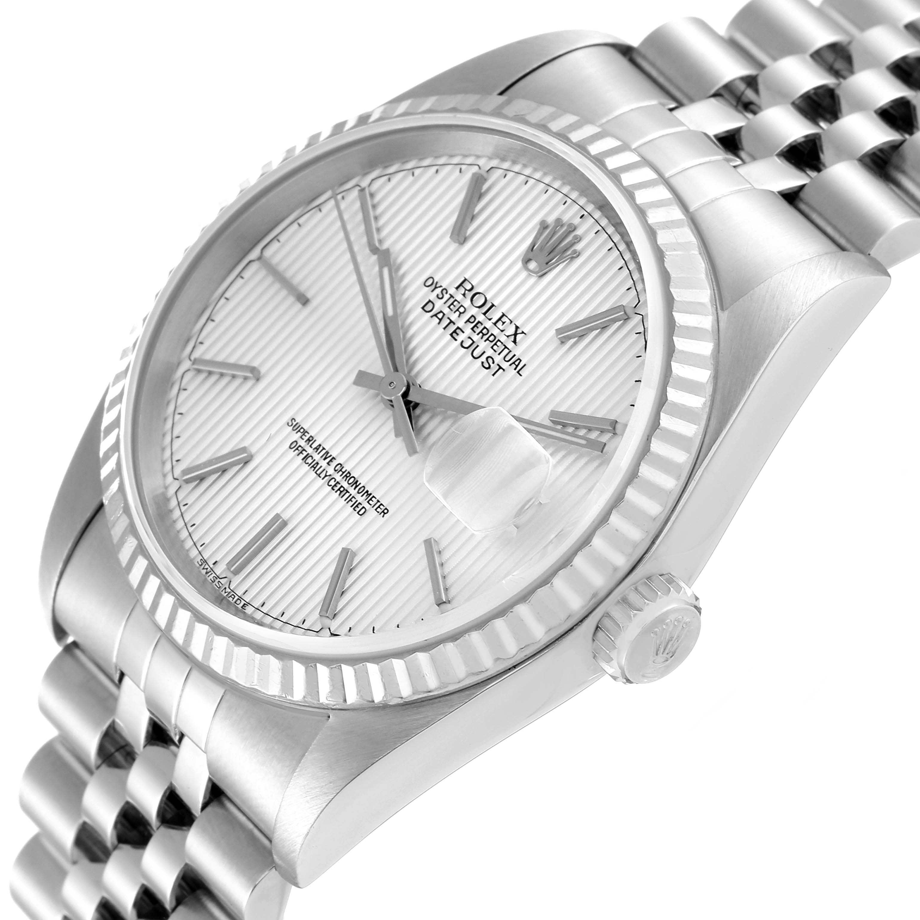 The image shows a close-up side angle of the Rolex Datejust 16234 Men's Stainless Steel Silver Dial 16234 Men's Stainless Steel Silver Dial watch, highlighting the dial, bezel, crown, and part of the bracelet.