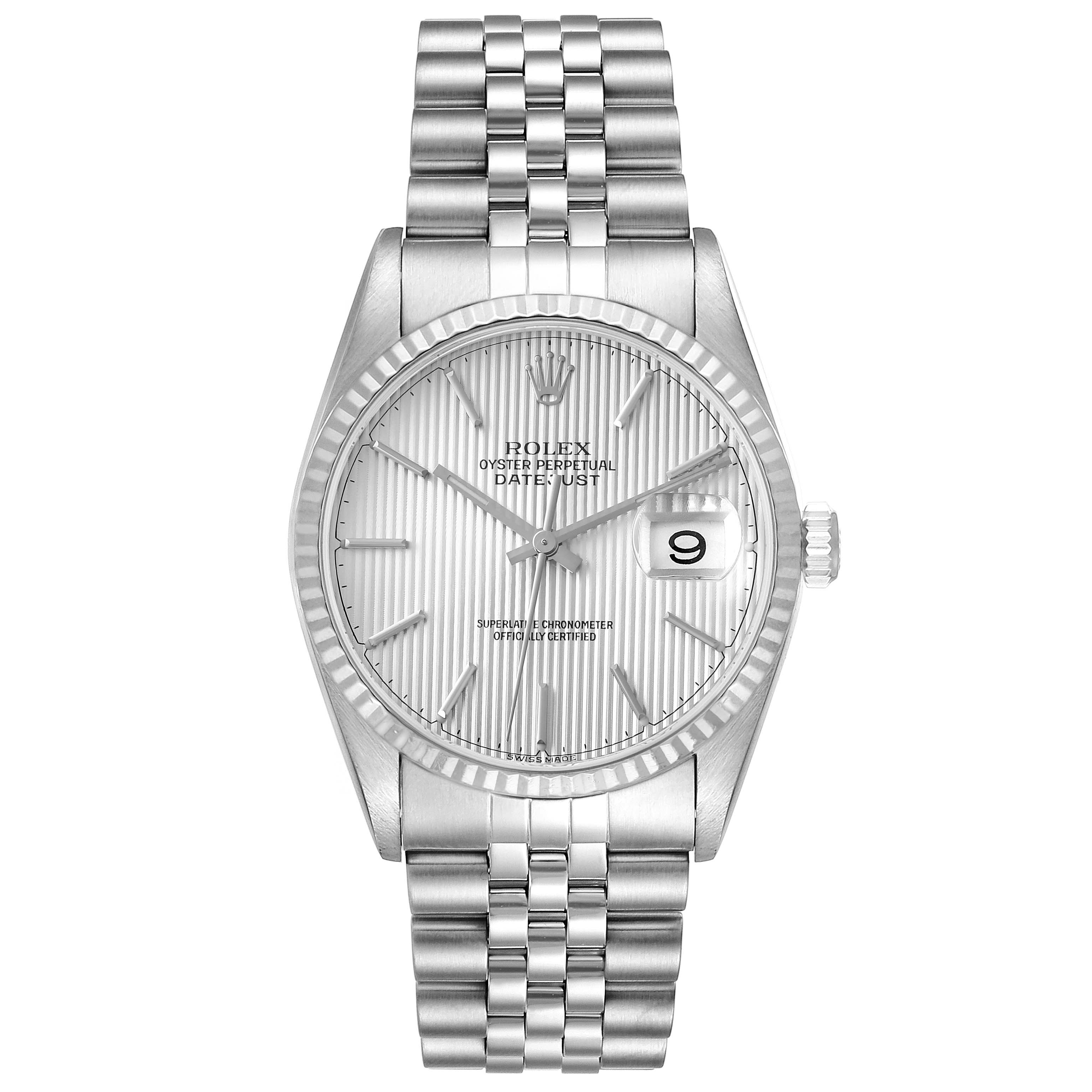 This is a front view of a Rolex Datejust 16234 Men's Stainless Steel Silver Dial 16234 Men's Stainless Steel Silver Dial watch showing the dial, case, bezel, crown, and bracelet.