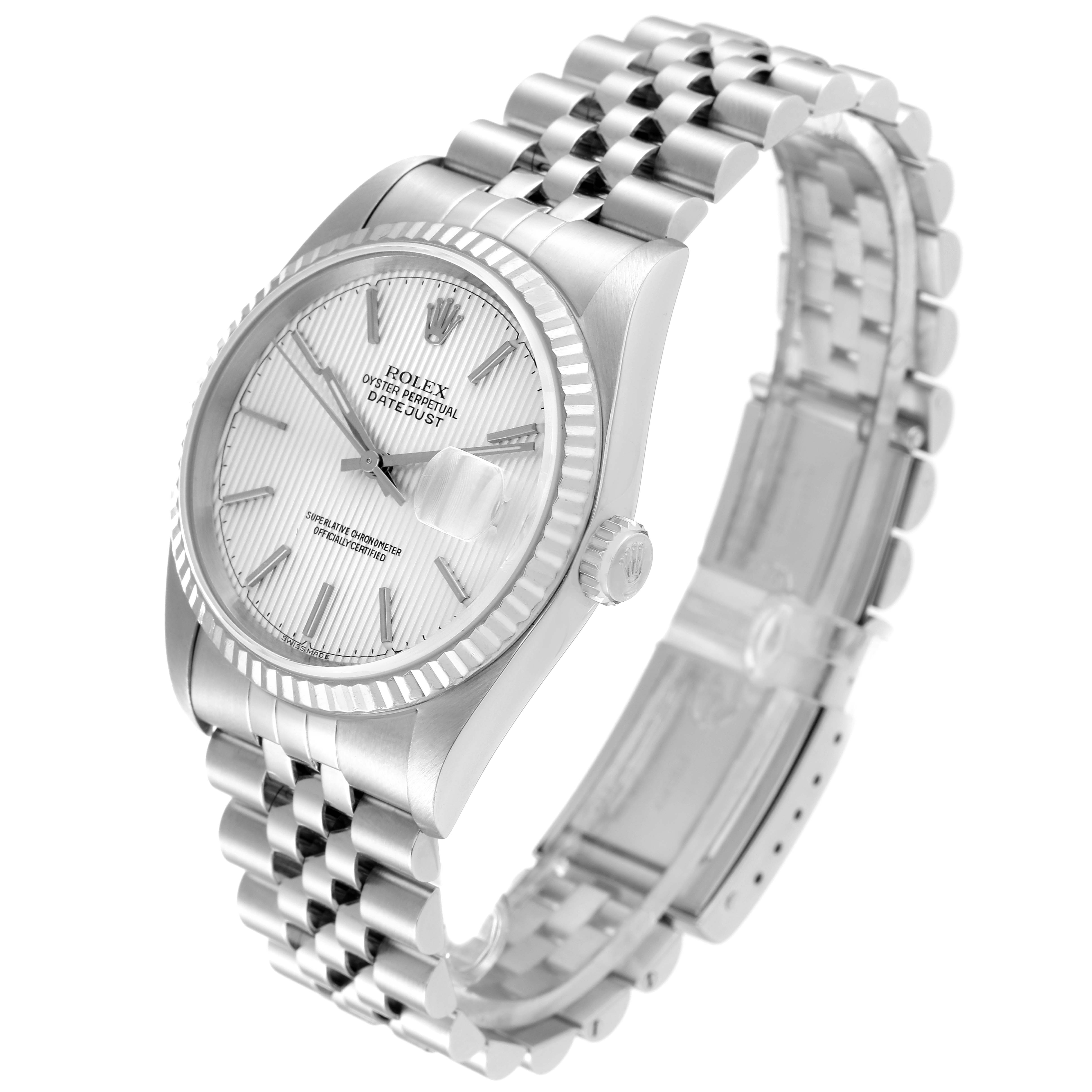 The Rolex Datejust 16234 Men's Stainless Steel Silver Dial 16234 Men's Stainless Steel Silver Dial watch is shown at a slight left side angle, displaying its face, bezel, crown, and bracelet.