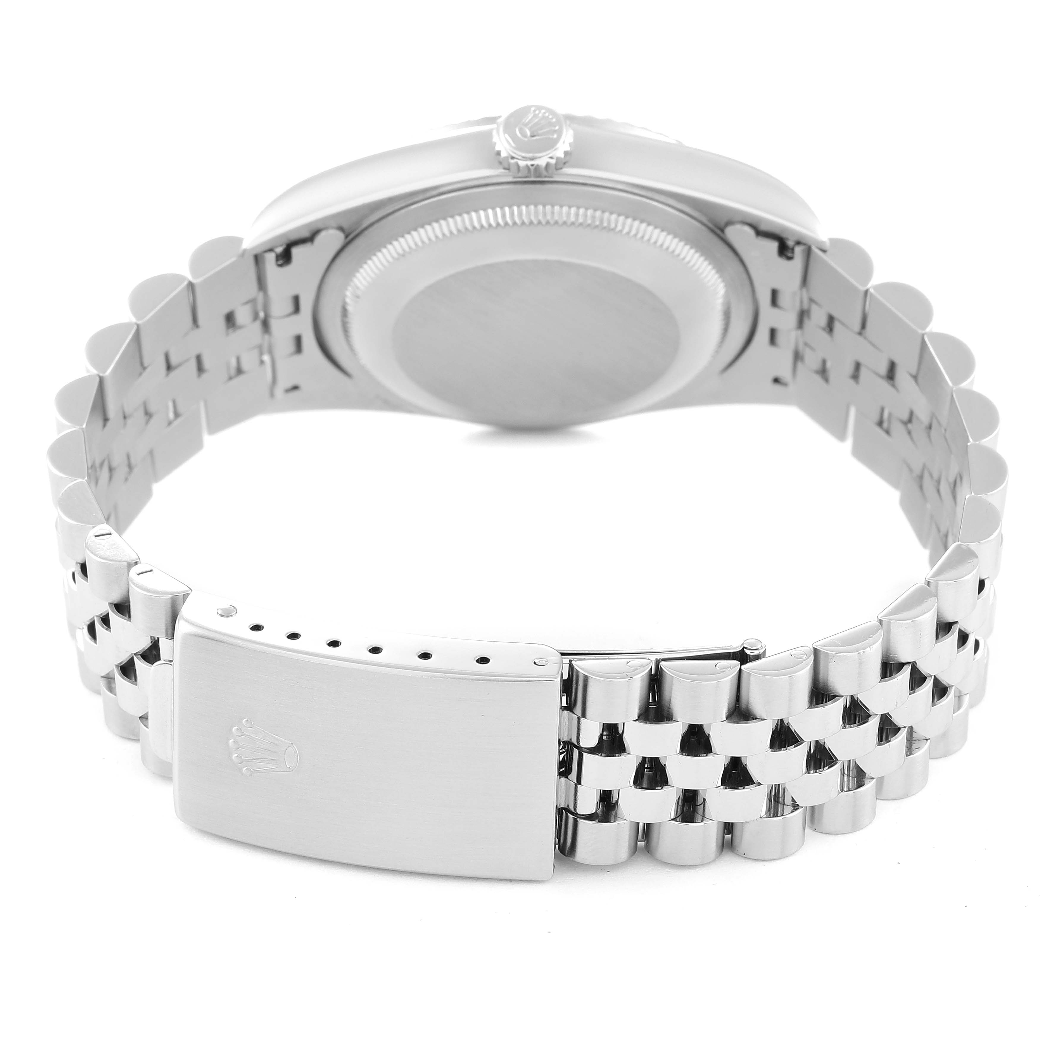 The image shows the back view of a Rolex Datejust 16234 Men's Stainless Steel Silver Dial 16234 Men's Stainless Steel Silver Dial watch, highlighting its Jubilee bracelet and closed clasp.