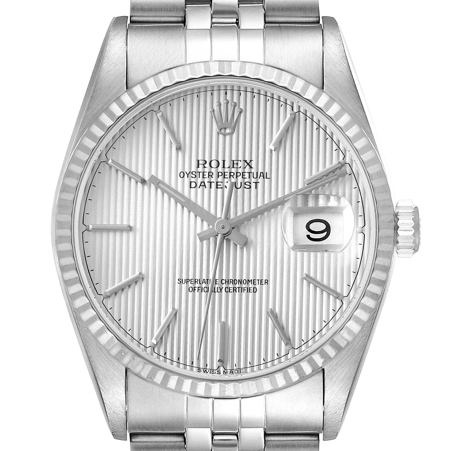 The image shows a front view of the Rolex Datejust 16234 Men's Stainless Steel Silver Dial 16234 Men's Stainless Steel Silver Dial, highlighting its dial, date window, and part of the bracelet.