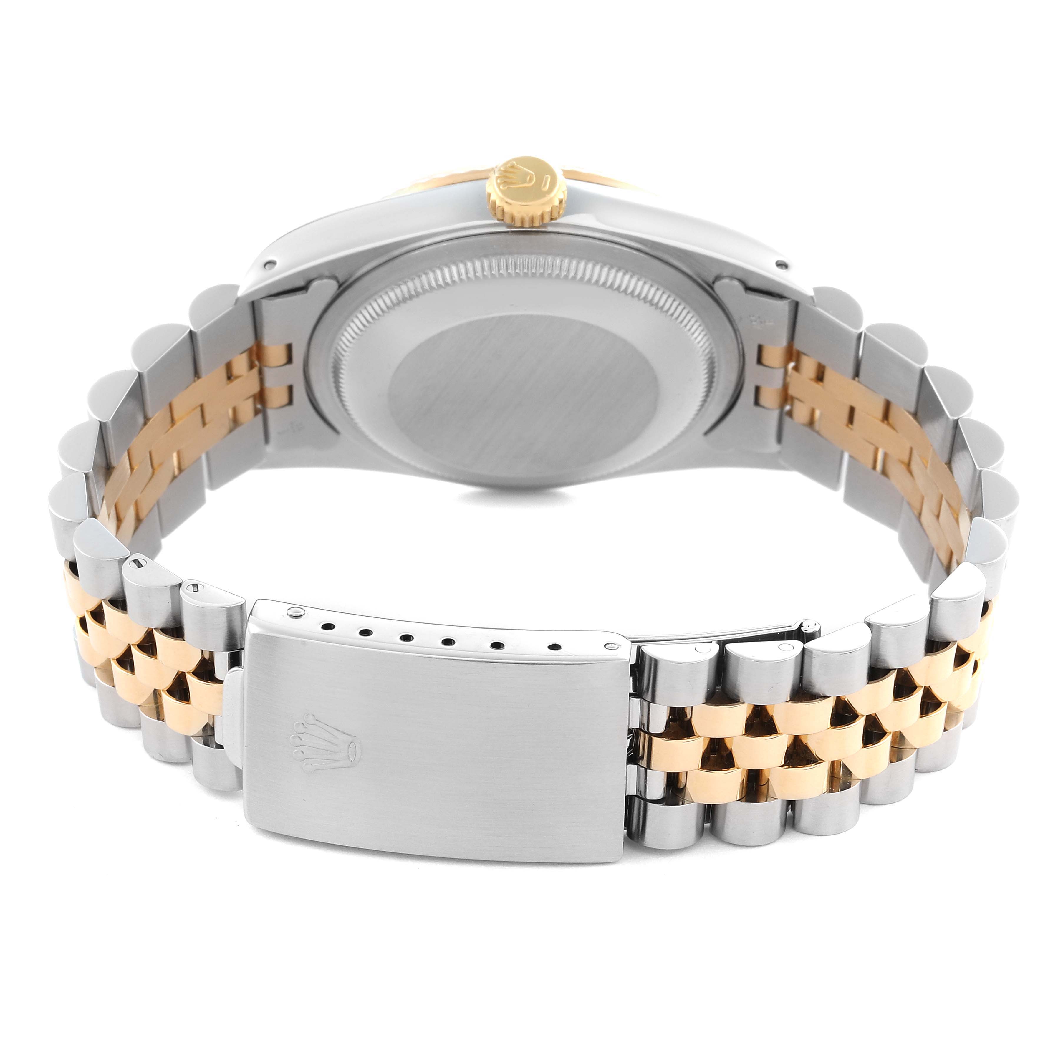 The image shows the back of a Rolex Datejust 16233 Men's Steel and Gold (two tone) Champagne Dial 16233 Men's Steel and Gold (two tone) Champagne Dial, highlighting the clasp, bracelet, and case back.