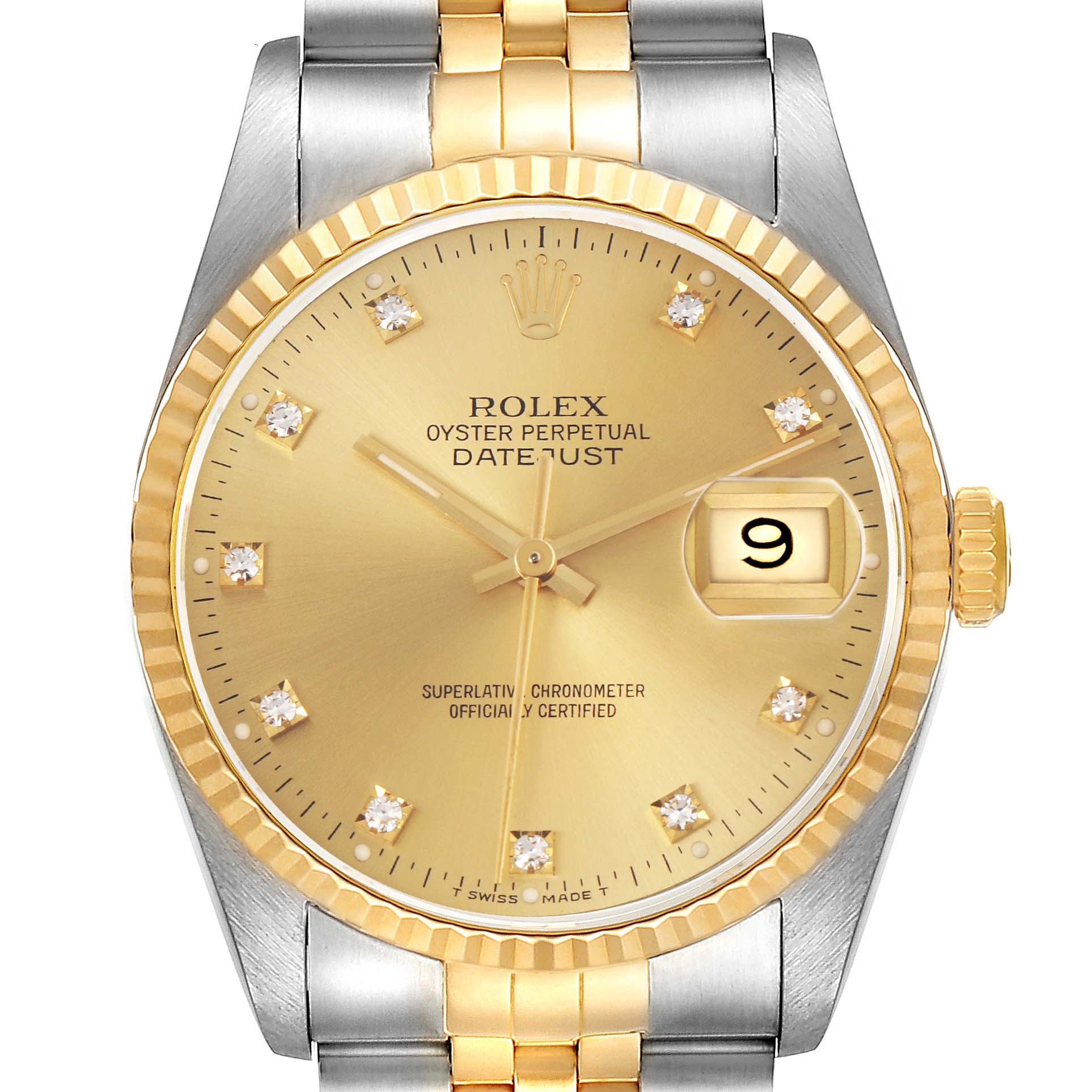 This Rolex Datejust 16233 Men's Steel and Gold (two tone) Champagne Dial 16233 Men's Steel and Gold (two tone) Champagne Dial watch is shown from the front, highlighting the face, bezel, crown, and bracelet.
