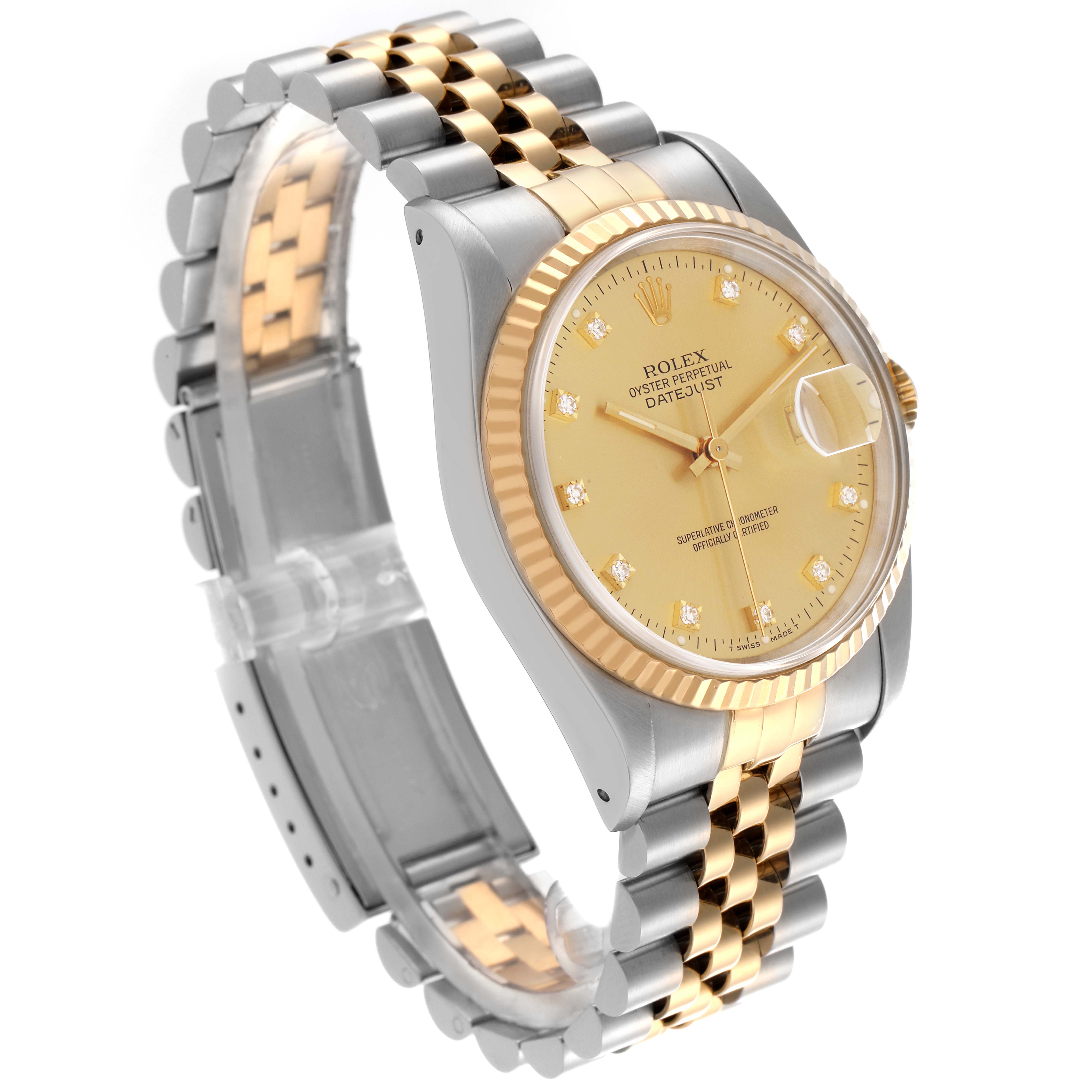 The Rolex Datejust 16233 Men's Steel and Gold (two tone) Champagne Dial 16233 Men's Steel and Gold (two tone) Champagne Dial watch is shown at a slight side angle, highlighting its gold dial, fluted bezel, and jubilee bracelet.