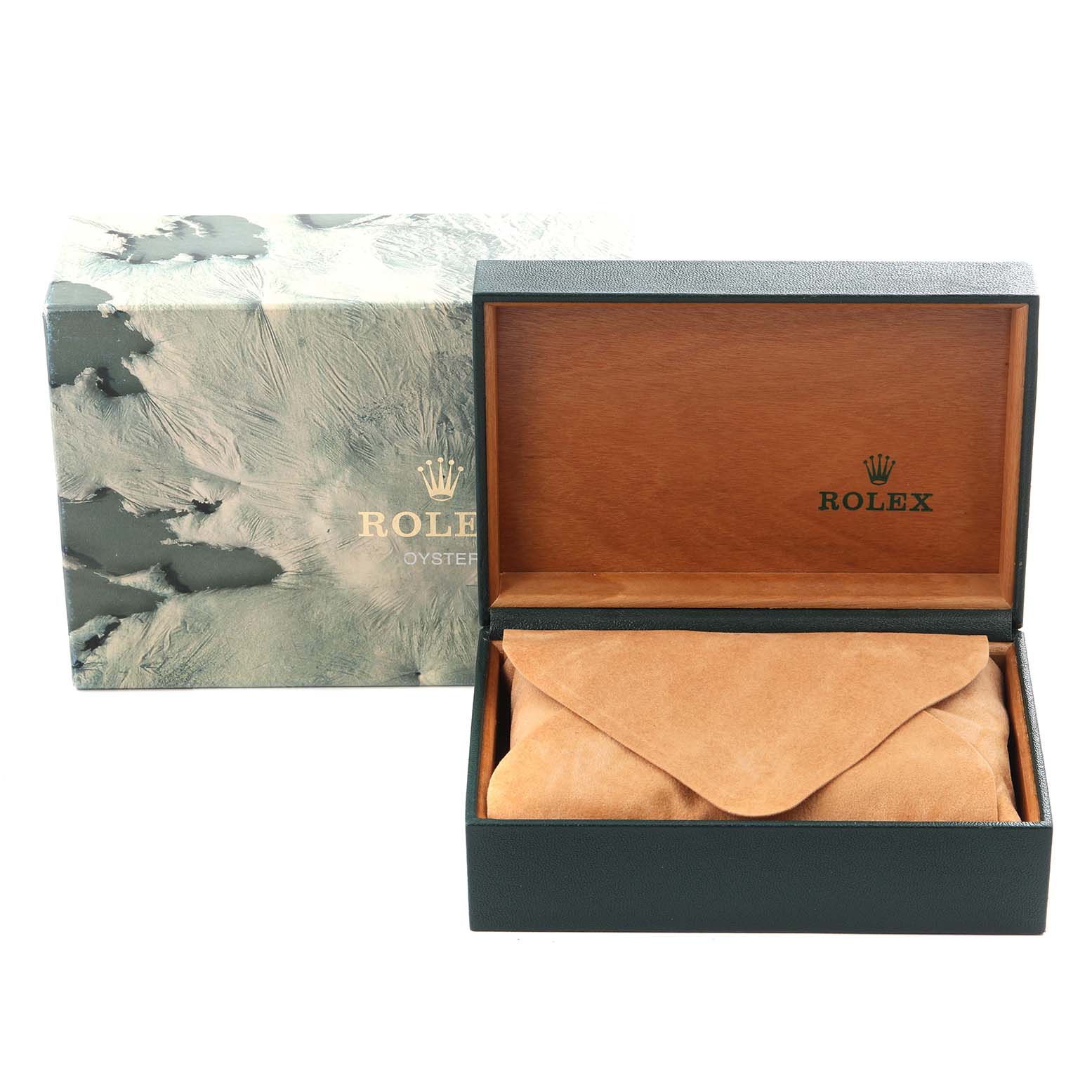 This image shows the packaging for a Rolex Datejust 16233 Men's Steel and Gold (two tone) Champagne Dial 16233 Men's Steel and Gold (two tone) Champagne Dial model, featuring an open box with a leather pouch inside.