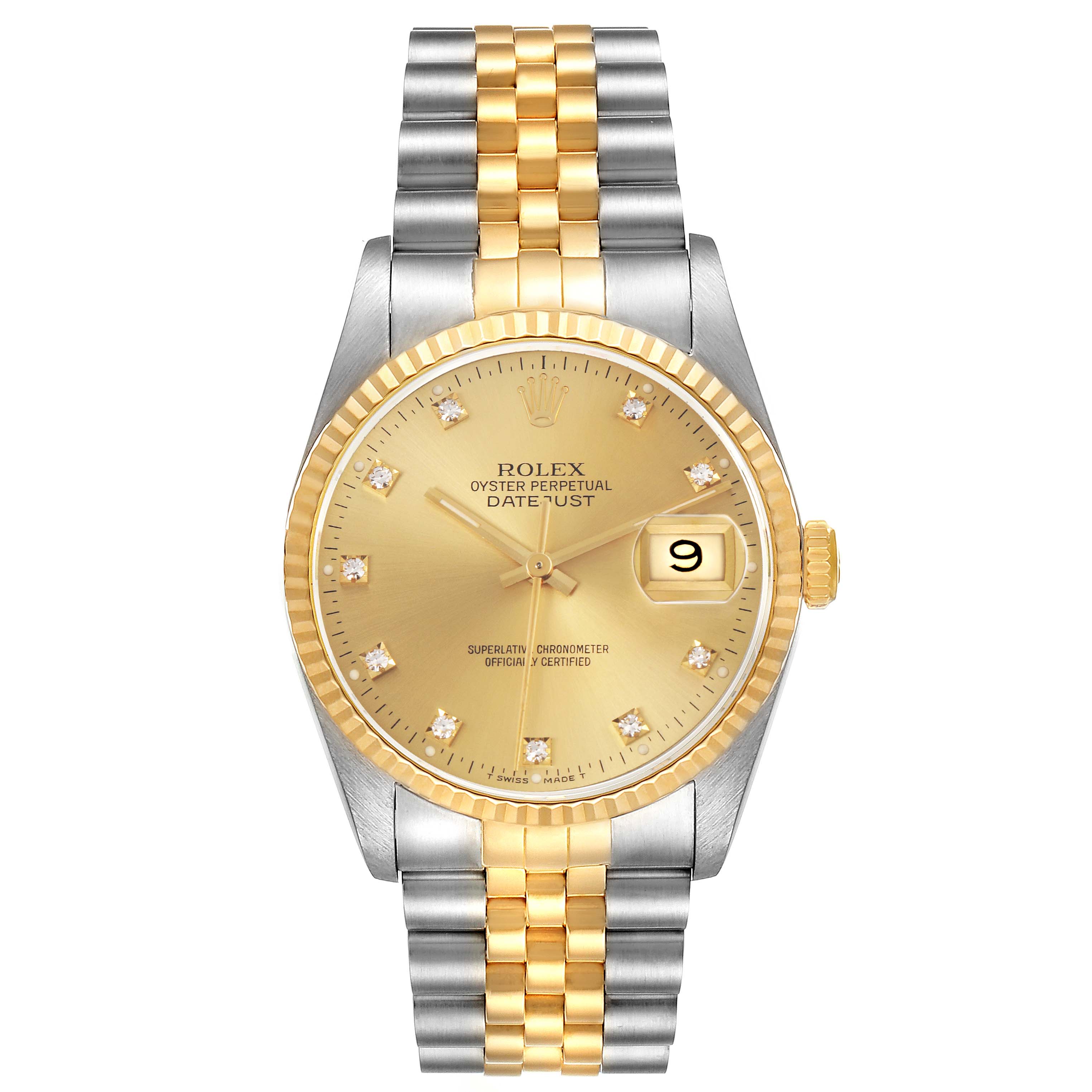 The Rolex Datejust 16233 Men's Steel and Gold (two tone) Champagne Dial 16233 Men's Steel and Gold (two tone) Champagne Dial watch is shown from the front, highlighting the dial, bezel, bracelet, and crown.