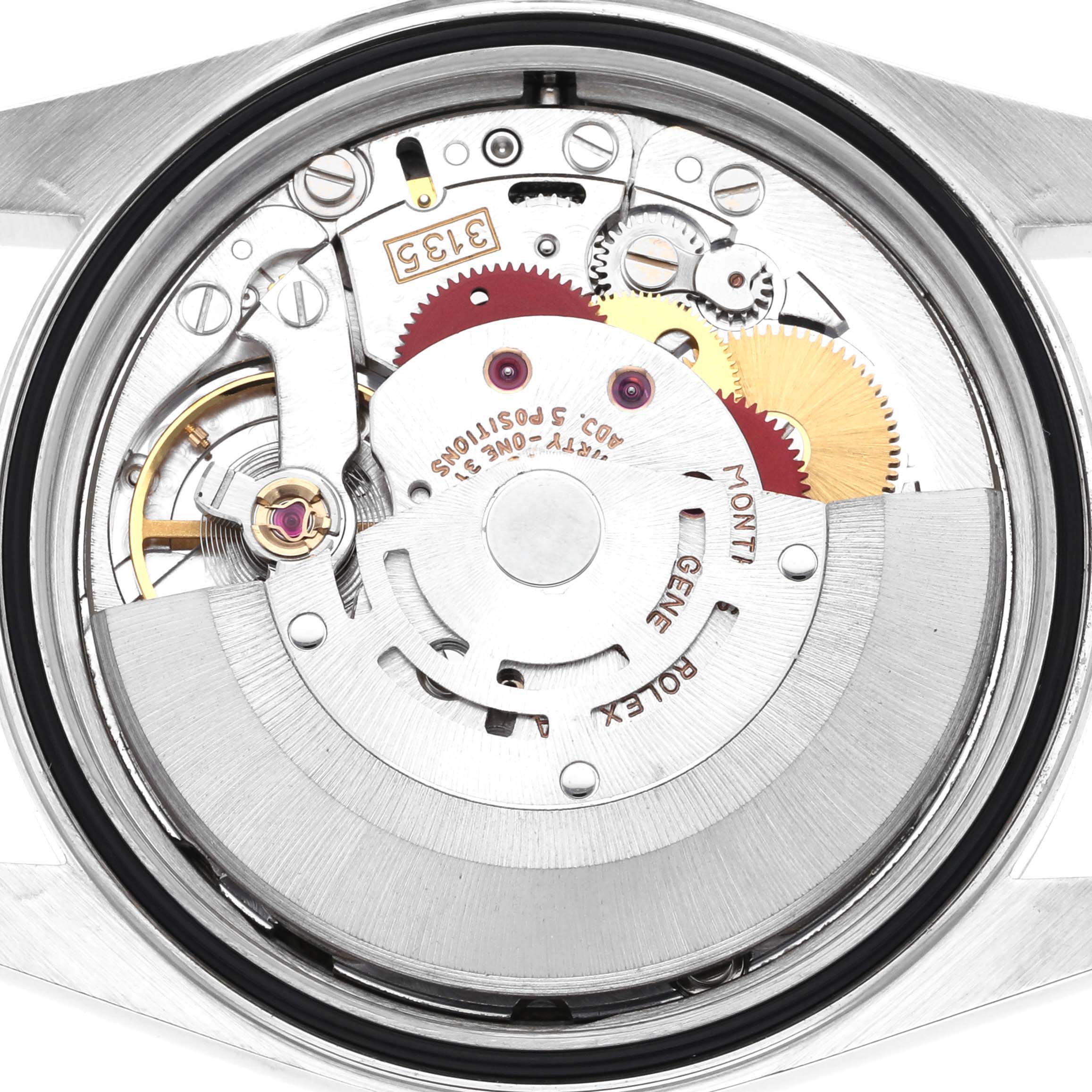 The image shows the movement mechanism of a Rolex Datejust 16233 Men's Steel and Gold (two tone) Champagne Dial 16233 Men's Steel and Gold (two tone) Champagne Dial watch from a rear angle, revealing its intricate internal components.