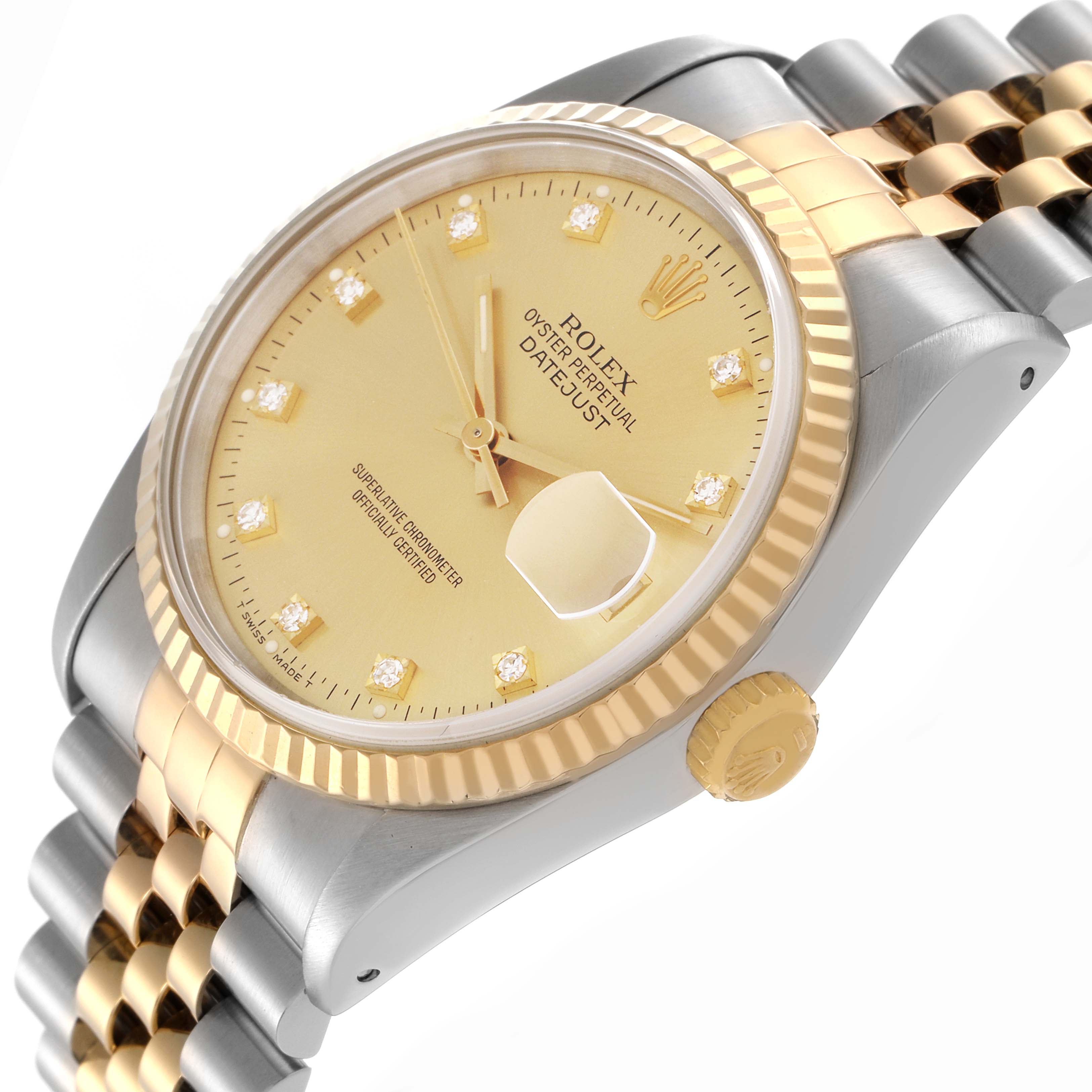 The image shows a Rolex Datejust 16233 Men's Steel and Gold (two tone) Champagne Dial 16233 Men's Steel and Gold (two tone) Champagne Dial watch at an angle highlighting the dial, crown, and bracelet.