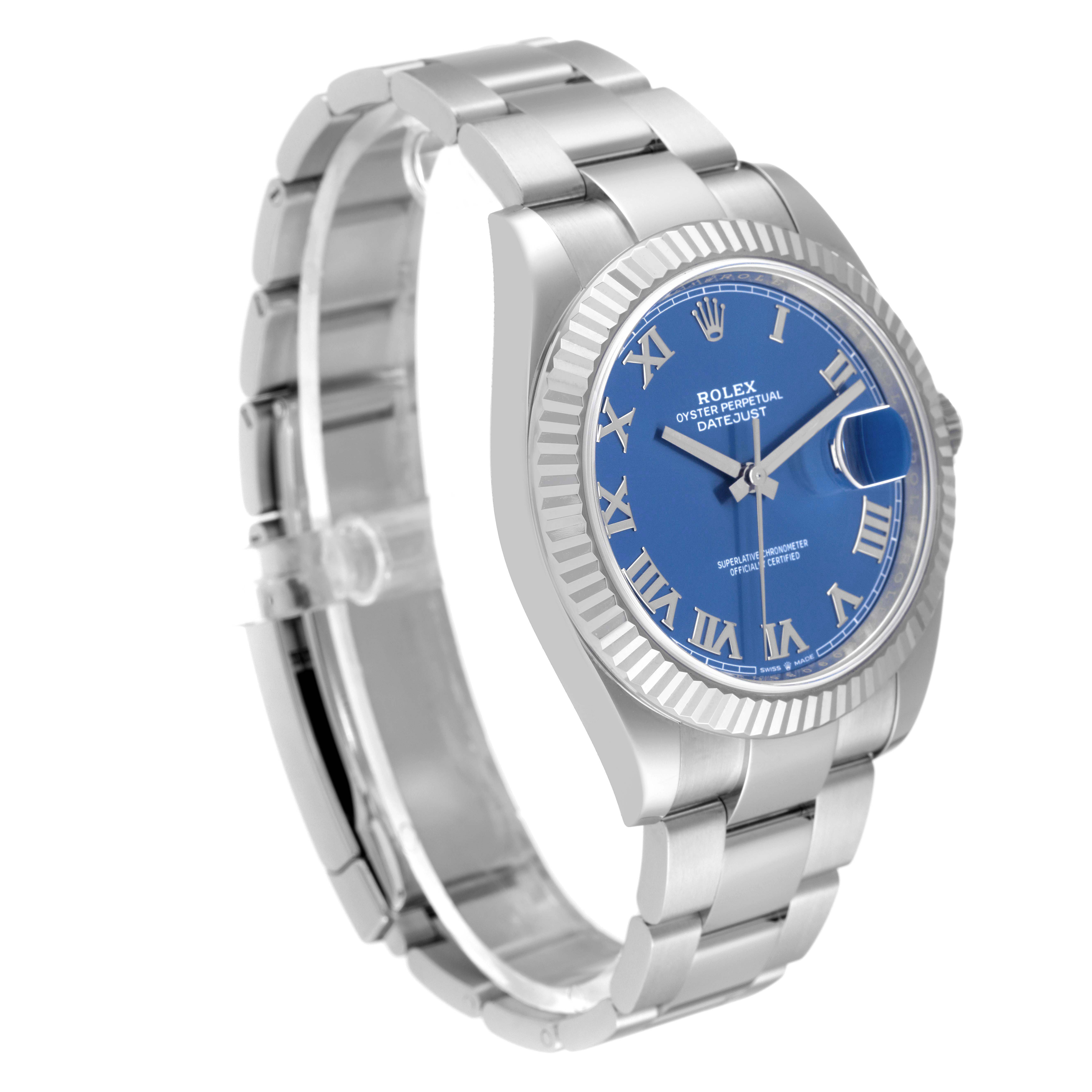 The Rolex Datejust 41 126334 Men's Stainless Steel Blue Dial 126334 Men's Stainless Steel Blue Dial is shown at an oblique angle highlighting the bezel, dial, and bracelet.