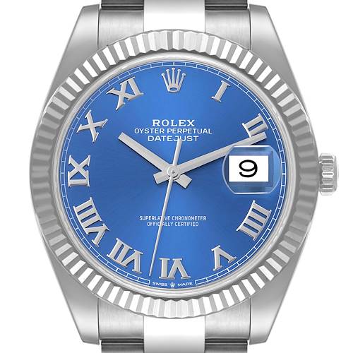 Photo of Rolex Datejust 41 Steel White Gold Blue Roman Dial Mens Watch 126334 Box Card