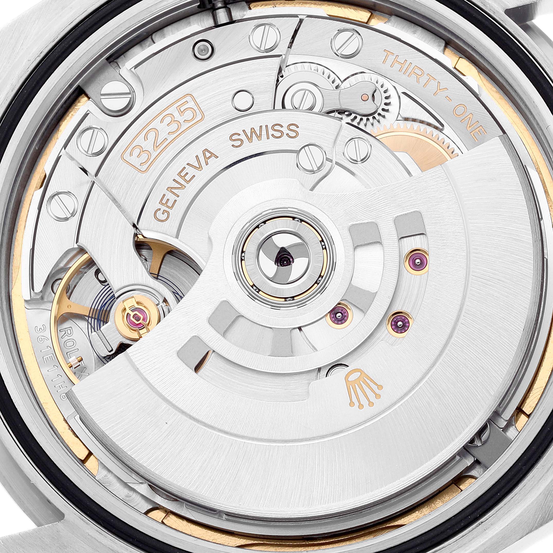 This image shows the intricate internal movement mechanism of the Rolex Datejust 41 126334 Men's Stainless Steel Blue Dial 126334 Men's Stainless Steel Blue Dial watch from a back angle.