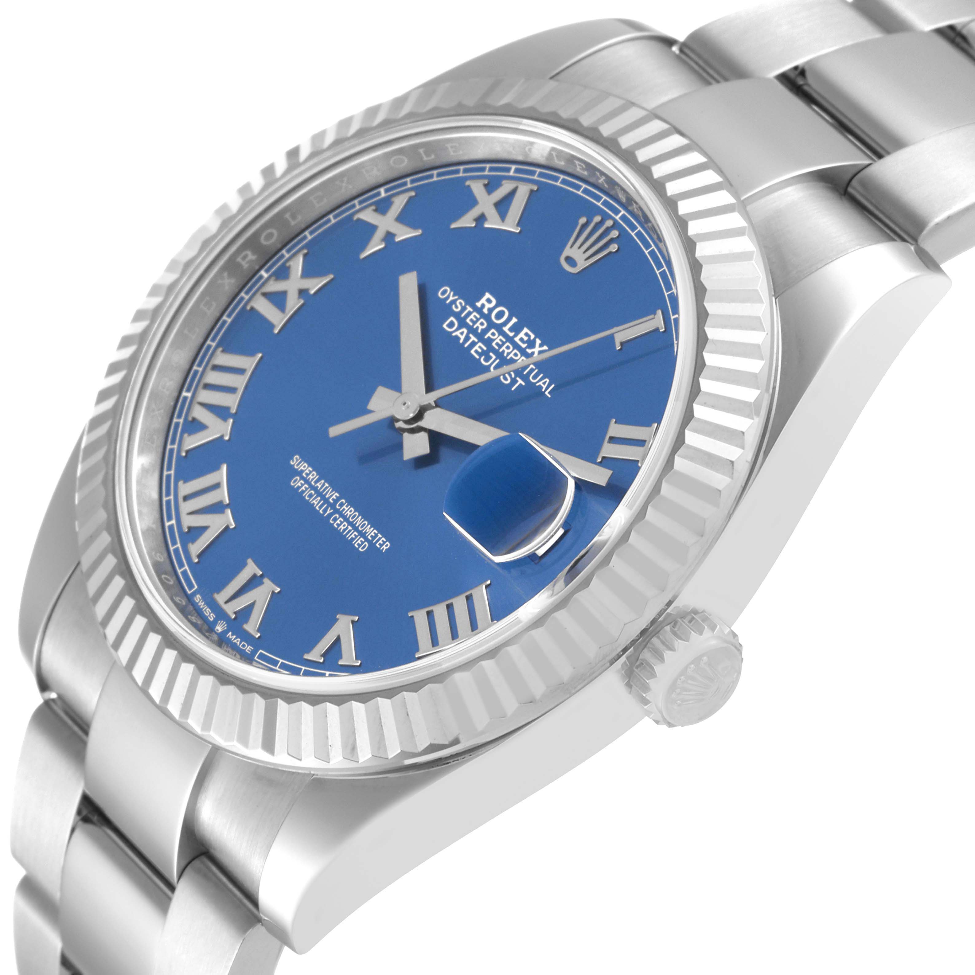The image shows a side angle view of a Rolex Datejust 41 126334 Men's Stainless Steel Blue Dial 126334 Men's Stainless Steel Blue Dial watch, highlighting its blue dial, Roman numerals, and fluted bezel.