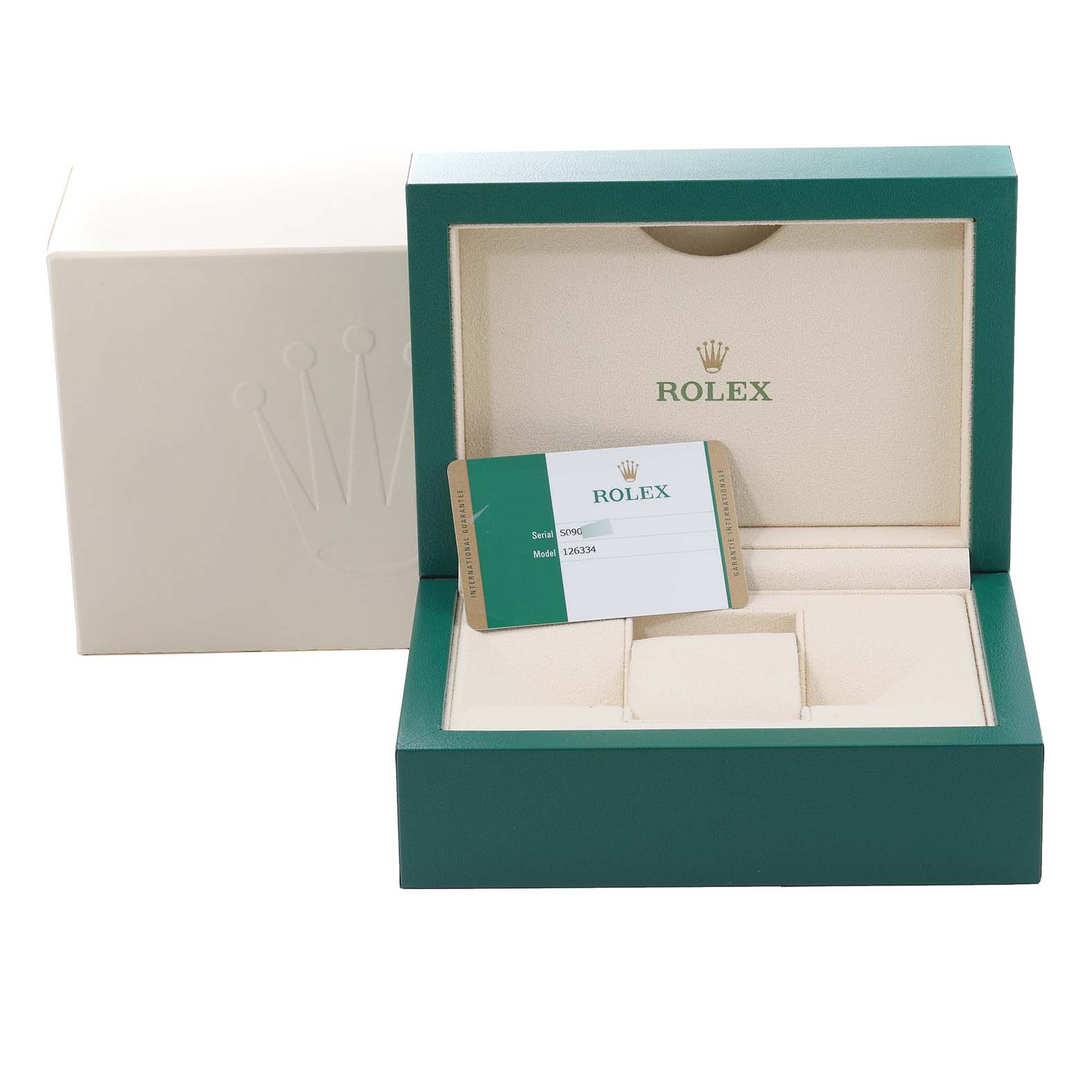 This image shows the packaging and warranty card for a Rolex Datejust 41 126334 Men's Stainless Steel Blue Dial 126334 Men's Stainless Steel Blue Dial, with the watch box open.