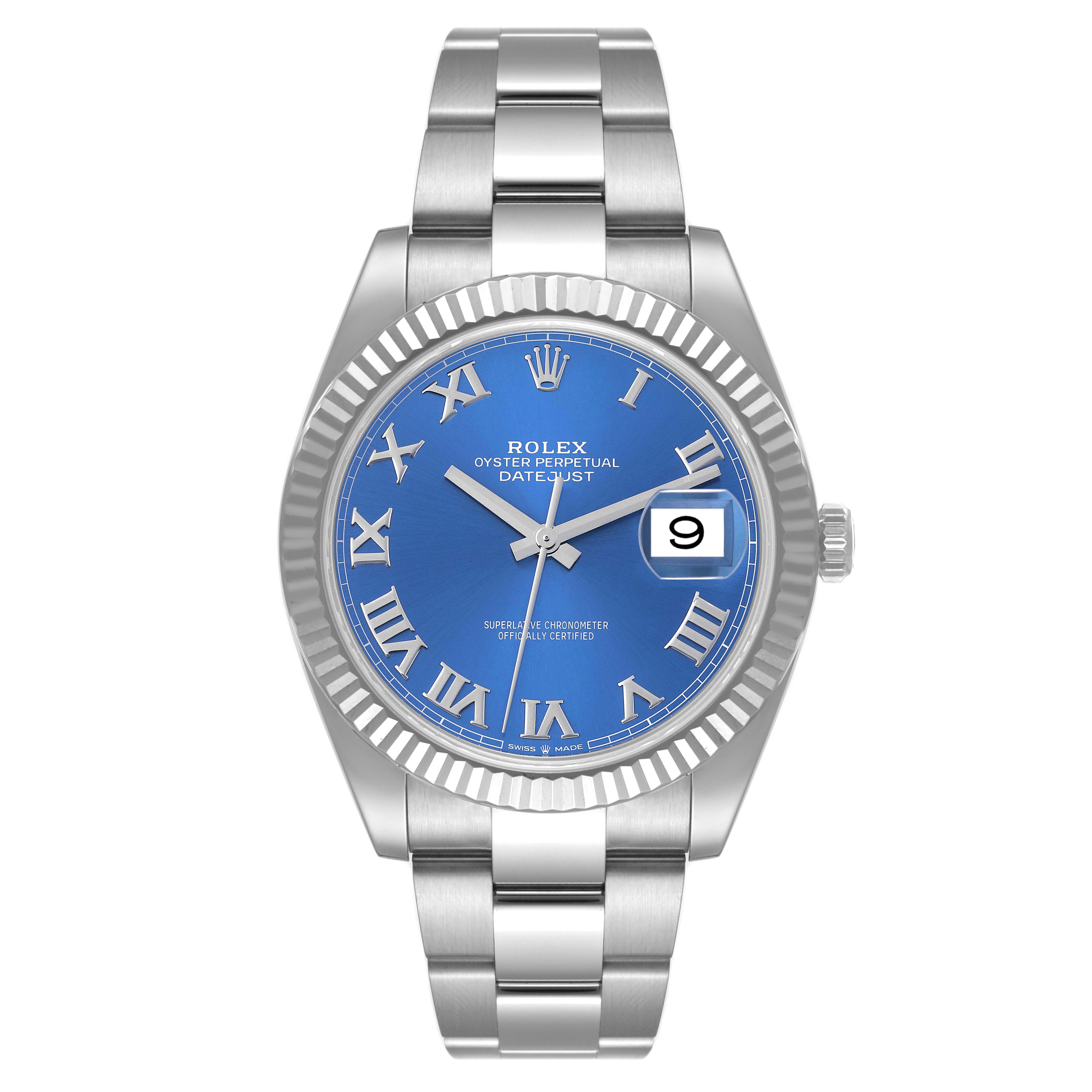The image shows a front view of the Rolex Datejust 41 126334 Men's Stainless Steel Blue Dial 126334 Men's Stainless Steel Blue Dial with a blue dial, Roman numerals, and a stainless steel bracelet.