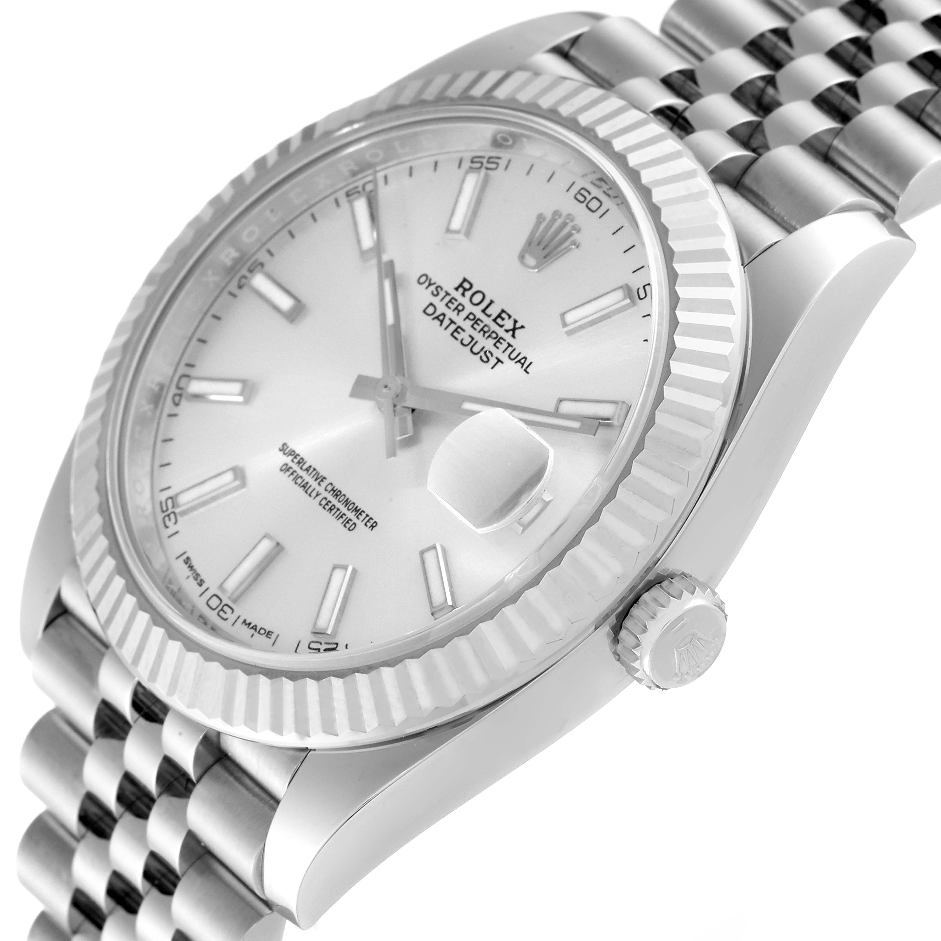 This image shows a close-up angle of the dial, crown, and part of the bracelet of a Rolex Datejust 41 126334 Men's Stainless Steel Silver Dial 126334 Men's Stainless Steel Silver Dial watch.
