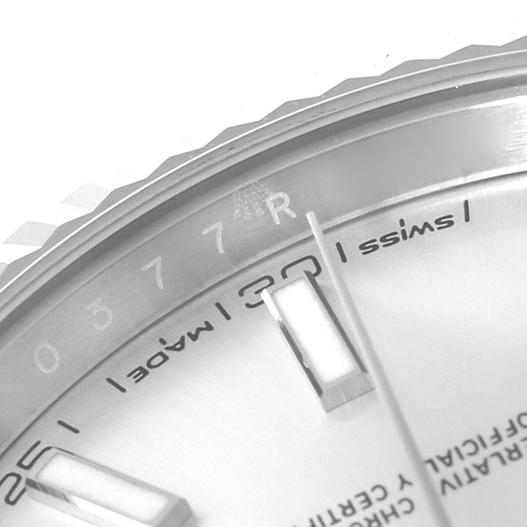 The image shows a close-up of the dial, bezel, and part of the chapter ring of a Rolex Datejust 41 126334 Men's Stainless Steel Silver Dial 126334 Men's Stainless Steel Silver Dial watch.