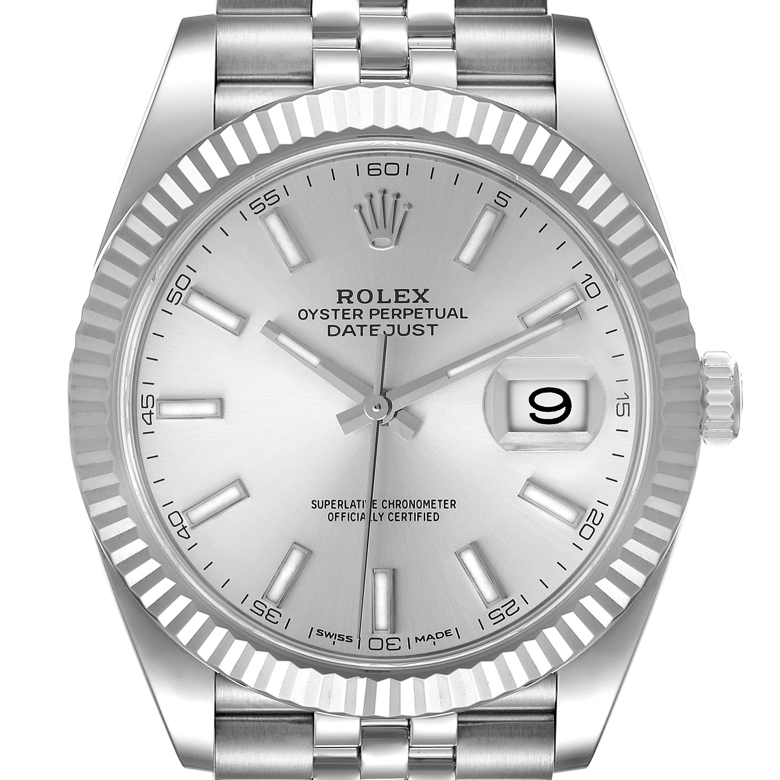 This image shows the face, bezel, and part of the bracelet of a Rolex Datejust 41 126334 Men's Stainless Steel Silver Dial 126334 Men's Stainless Steel Silver Dial watch from a front angle.