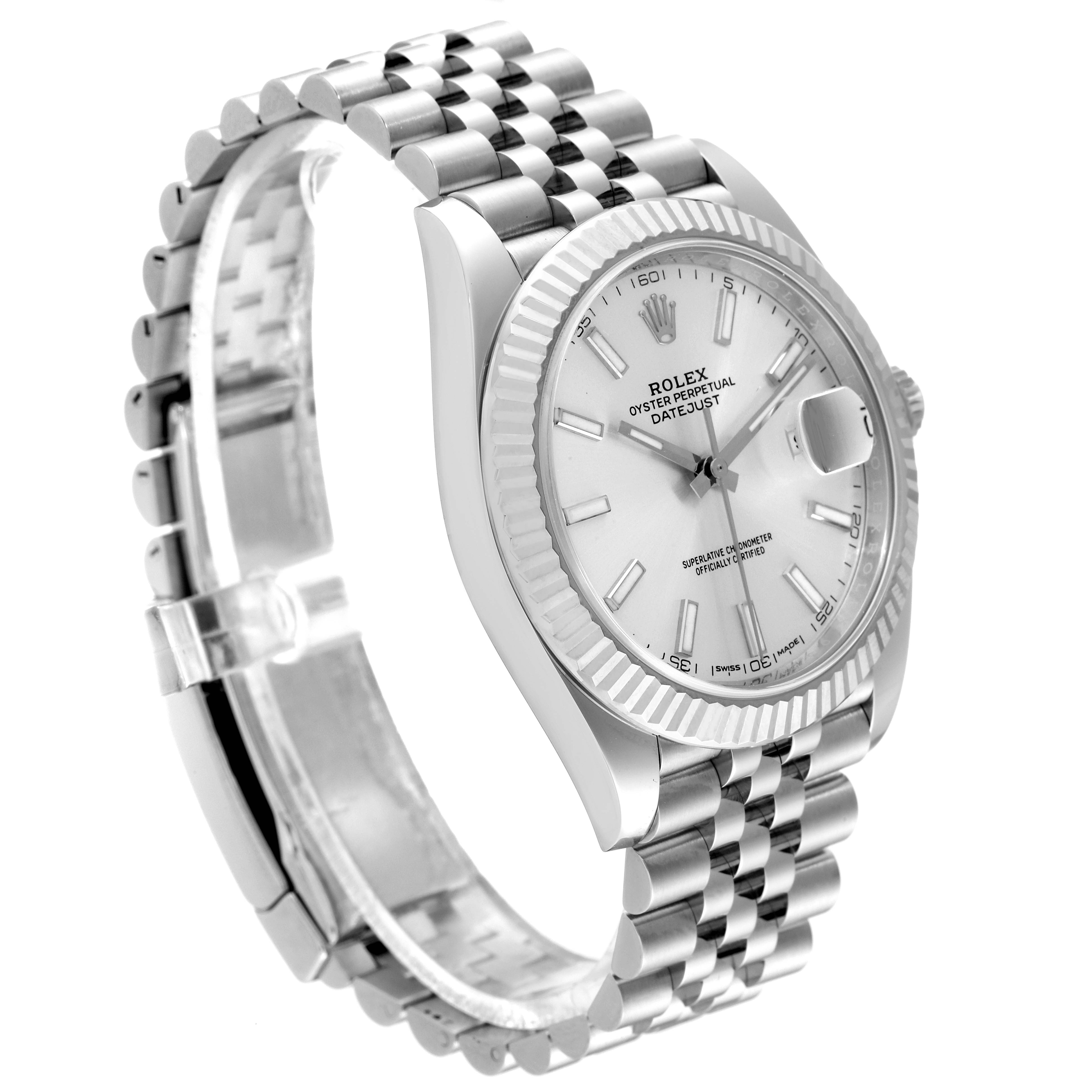 The image shows a side angle of the Rolex Datejust 41 126334 Men's Stainless Steel Silver Dial 126334 Men's Stainless Steel Silver Dial watch, highlighting its face, bezel, and bracelet.