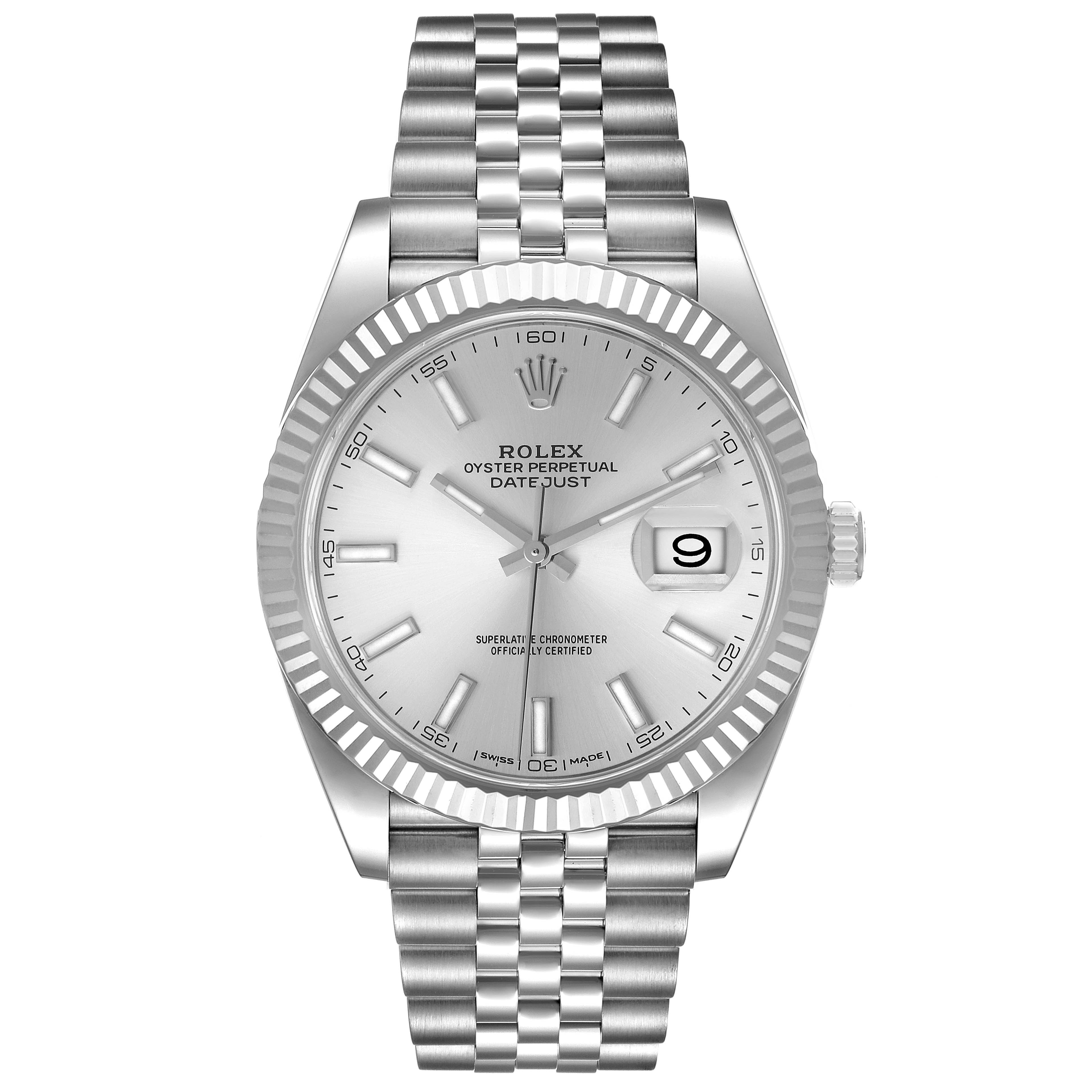 This image shows a front view of a Rolex Datejust 41 126334 Men's Stainless Steel Silver Dial 126334 Men's Stainless Steel Silver Dial model watch with a silver dial and Jubilee bracelet.