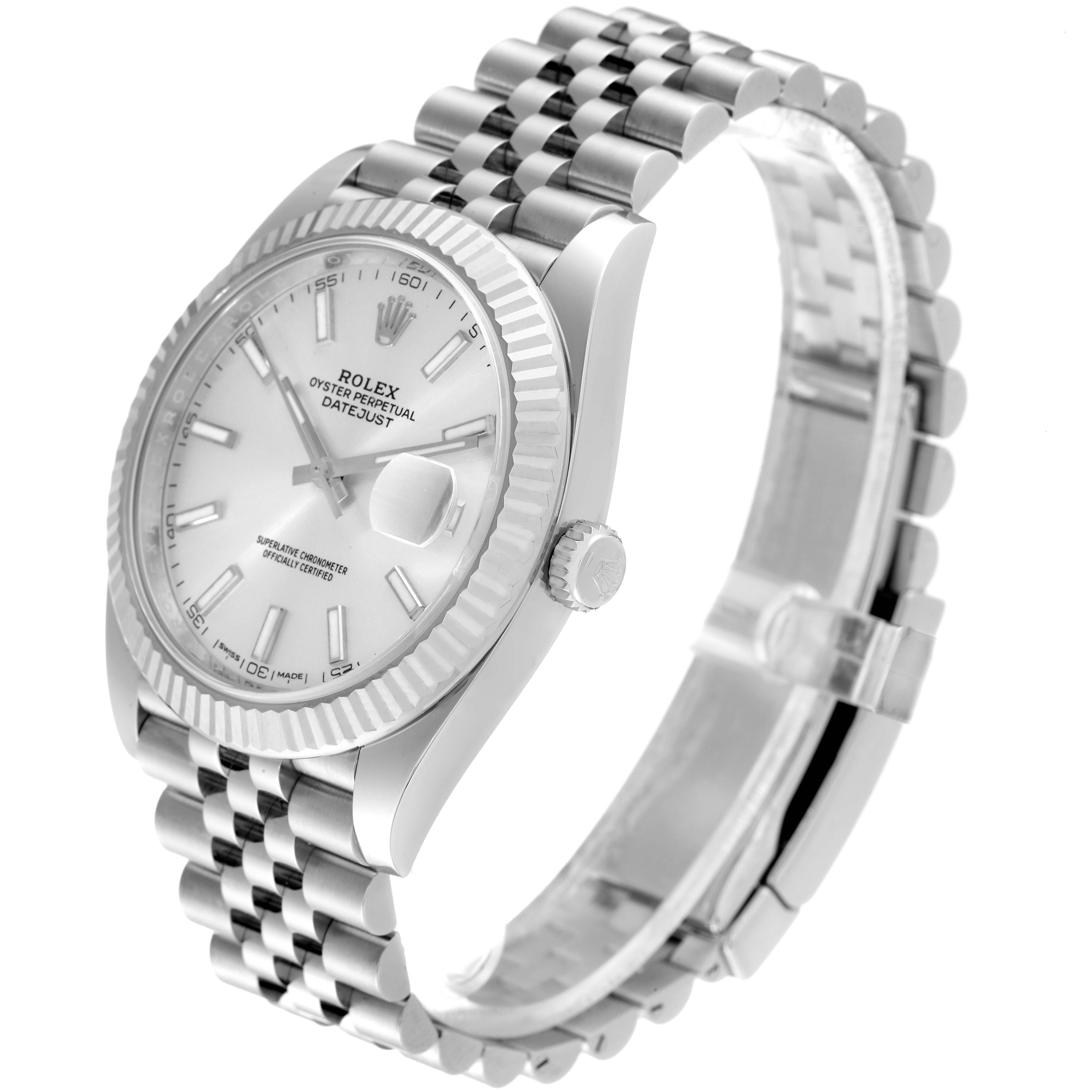 The image shows a Rolex Datejust 41 126334 Men's Stainless Steel Silver Dial 126334 Men's Stainless Steel Silver Dial watch at an angled side view, highlighting its dial, bezel, crown, and bracelet.