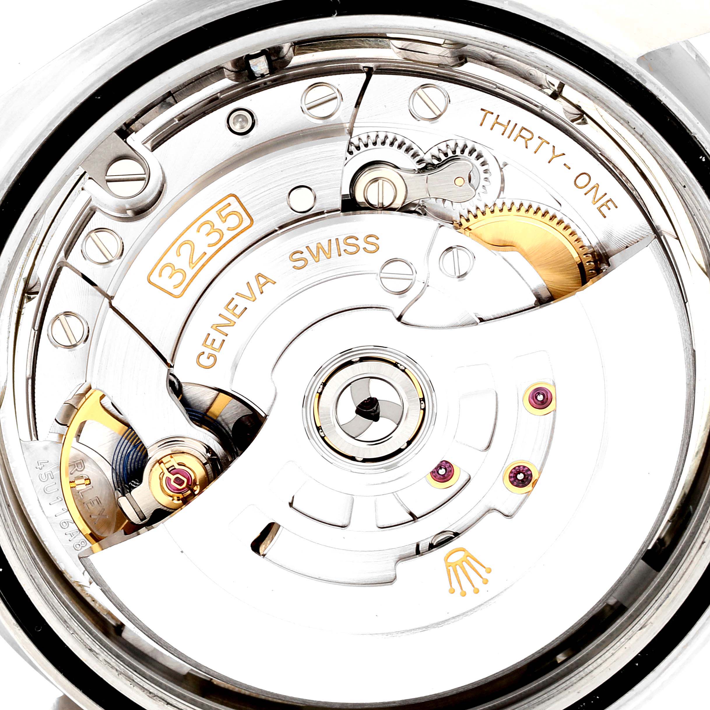 The image shows a close-up of the Rolex Datejust 41 126334 Men's Stainless Steel Silver Dial 126334 Men's Stainless Steel Silver Dial watch's internal mechanism, highlighting the movement components.