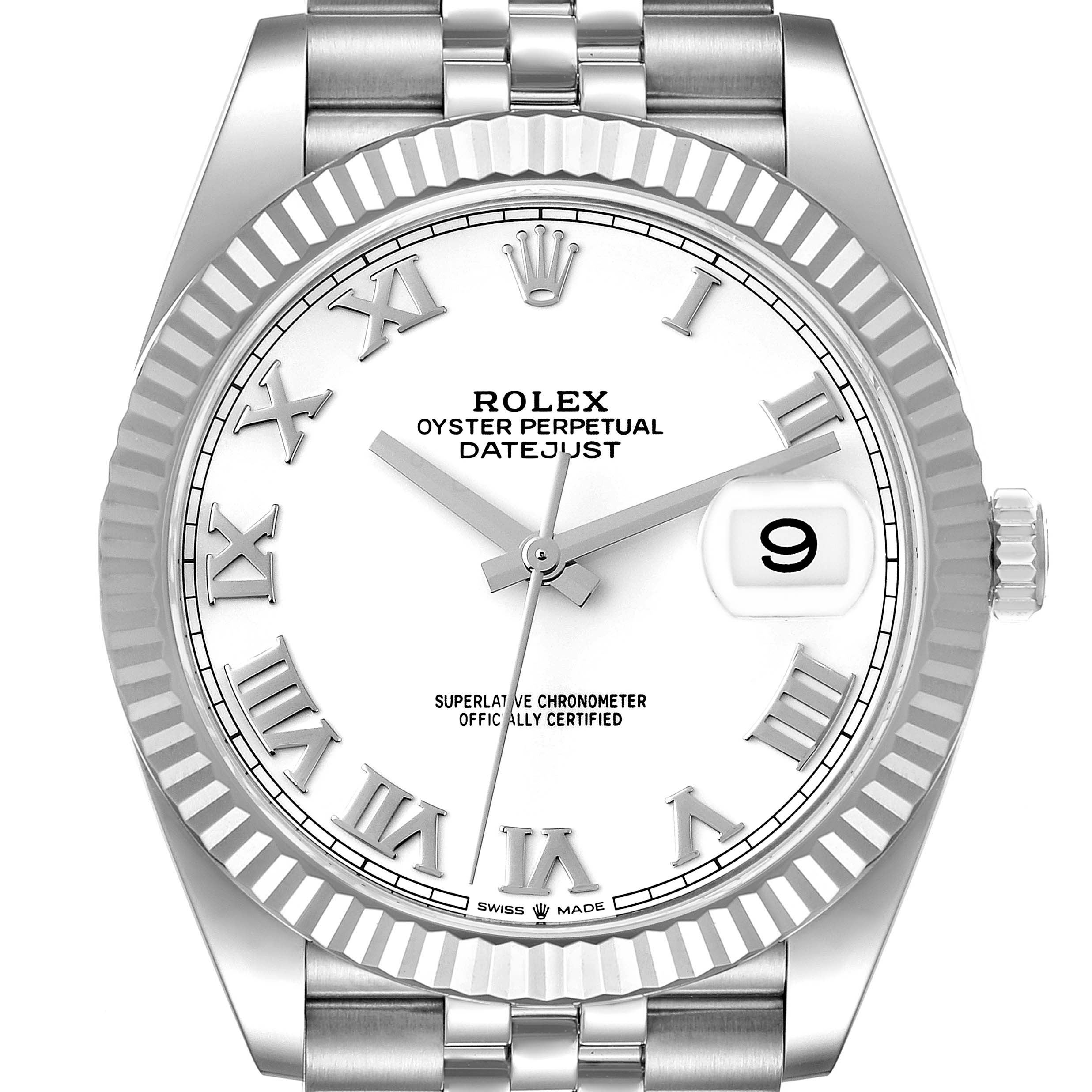 The image shows a front view of a Rolex Datejust 41 126334 Men's Stainless Steel White Dial 126334 Men's Stainless Steel White Dial watch, highlighting its dial, bezel, and bracelet.