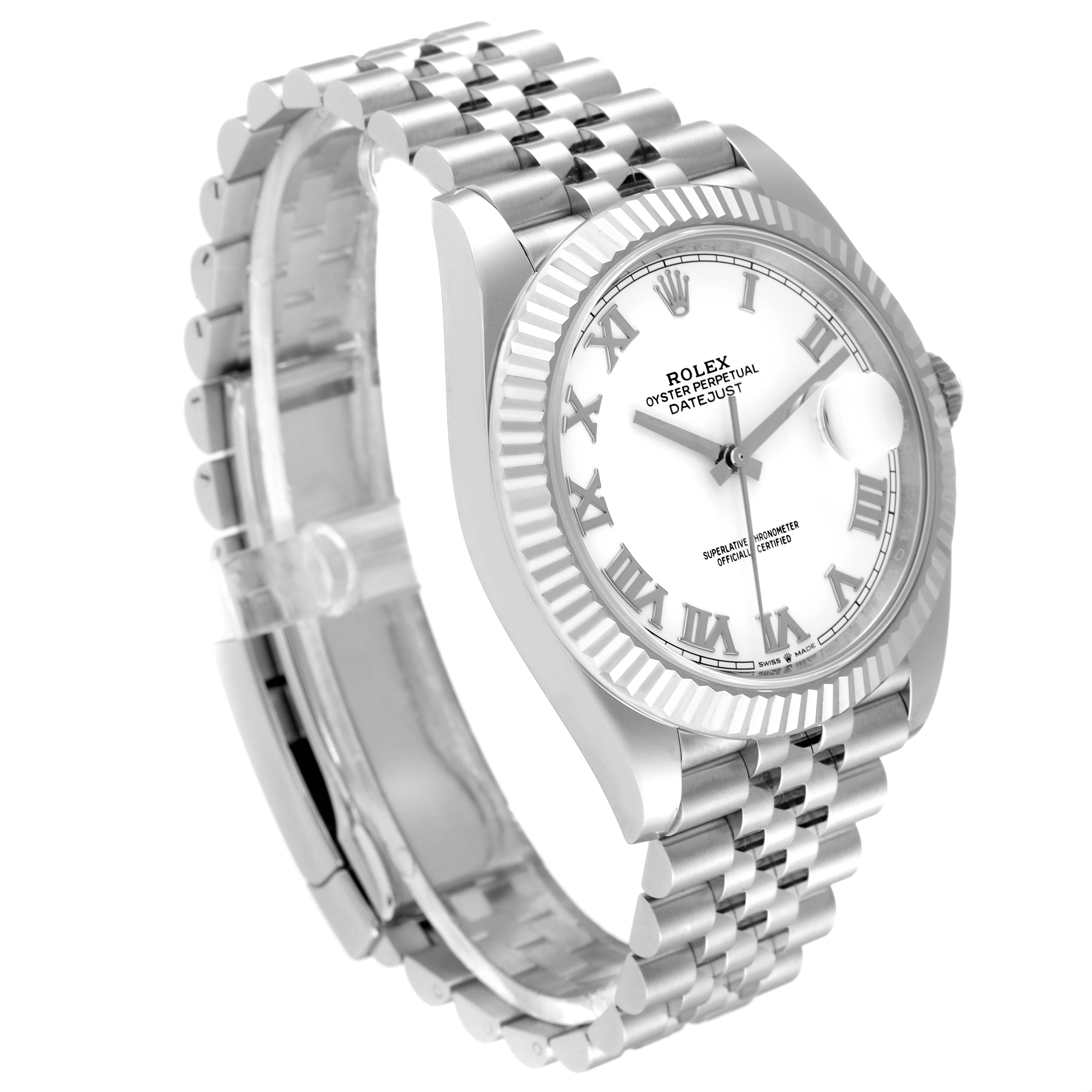 The image shows a Rolex Datejust 41 126334 Men's Stainless Steel White Dial 126334 Men's Stainless Steel White Dial model from a three-quarter angle displaying its dial, bezel, and bracelet.