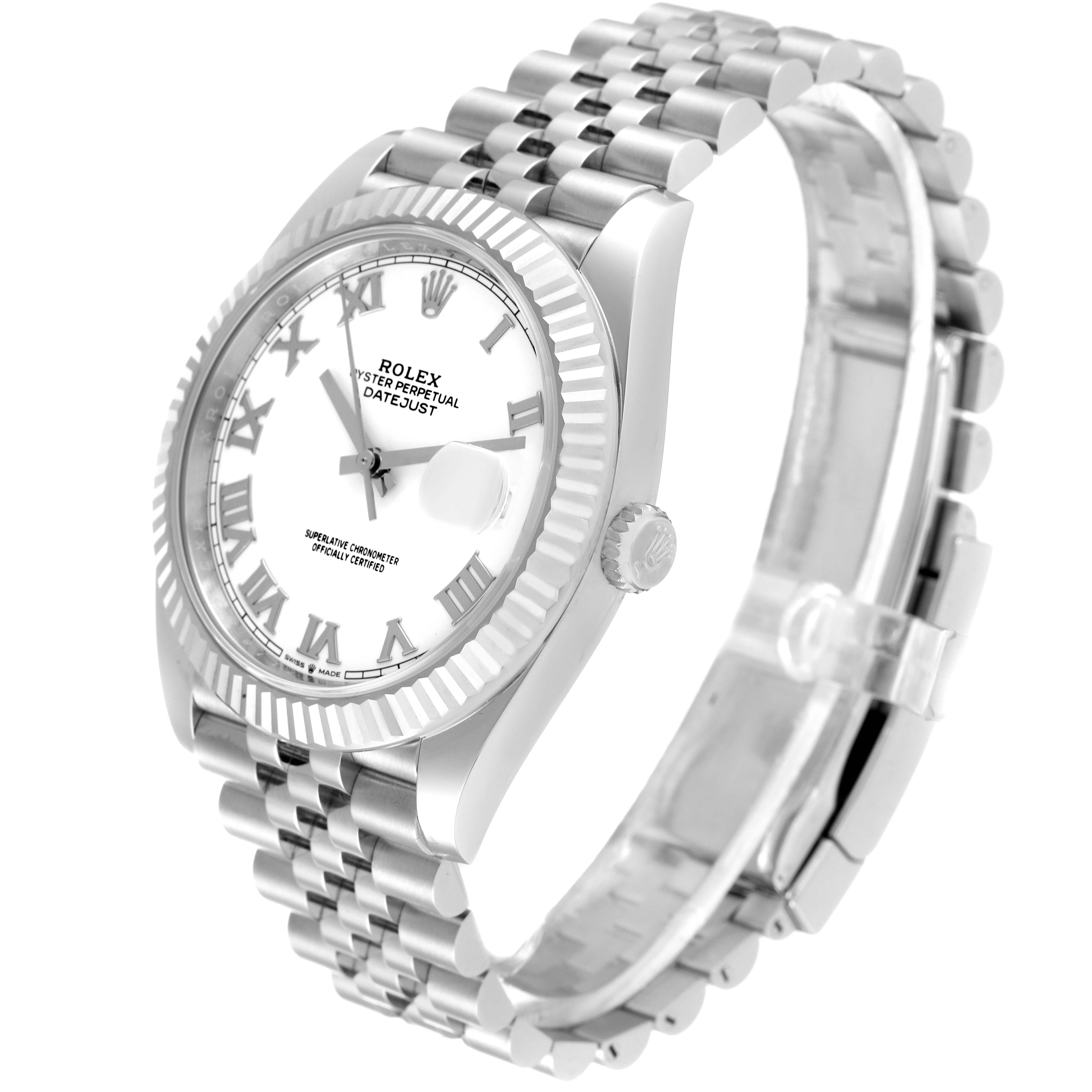 The Rolex Datejust 41 126334 Men's Stainless Steel White Dial 126334 Men's Stainless Steel White Dial watch is shown at a three-quarter angle, highlighting the dial, bezel, and bracelet.