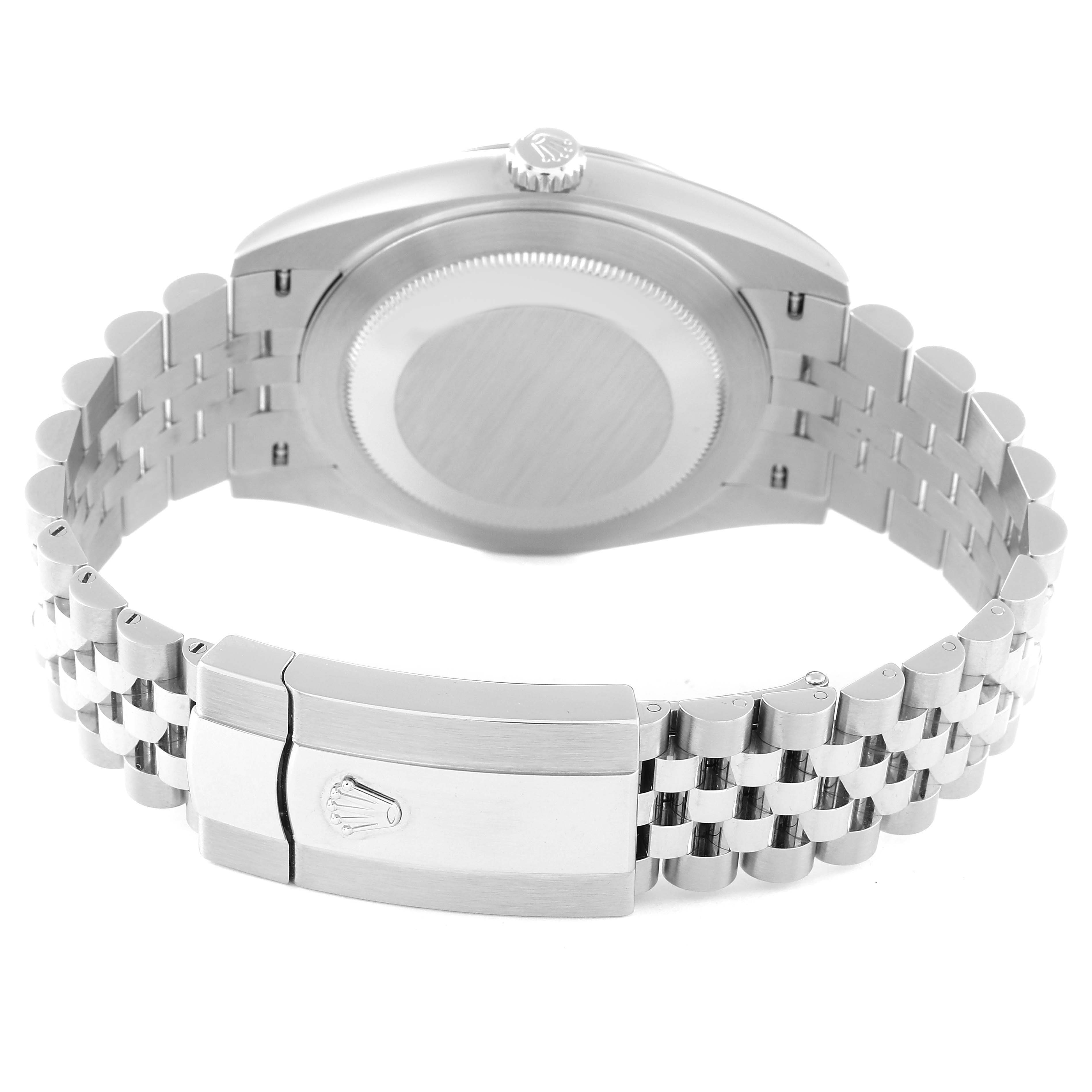 The image shows the back case, crown, and bracelet clasp of the Rolex Datejust 41 126334 Men's Stainless Steel White Dial 126334 Men's Stainless Steel White Dial model.
