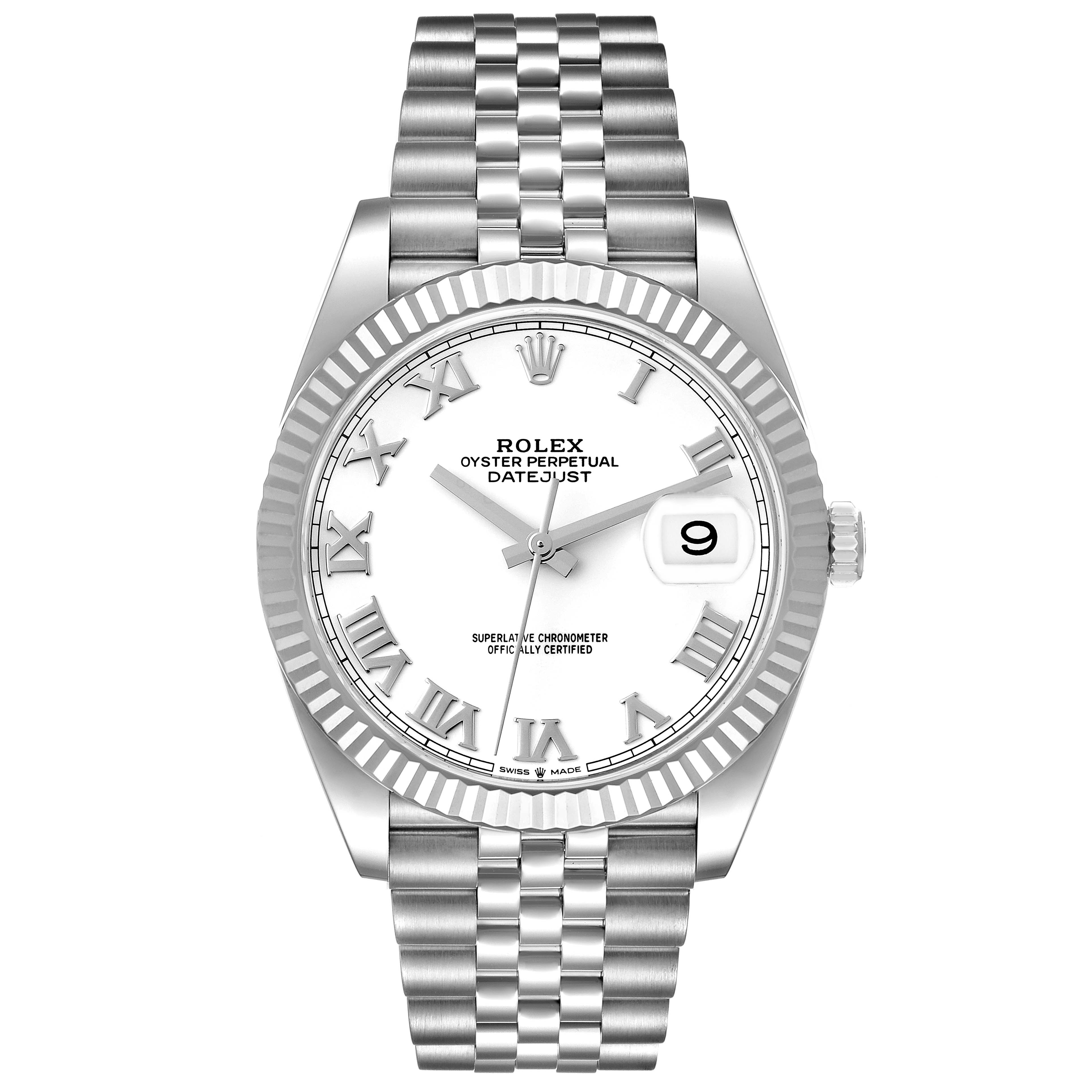 The image shows a frontal view of a Rolex Datejust 41 126334 Men's Stainless Steel White Dial 126334 Men's Stainless Steel White Dial watch, displaying its dial, bezel, crown, and bracelet.