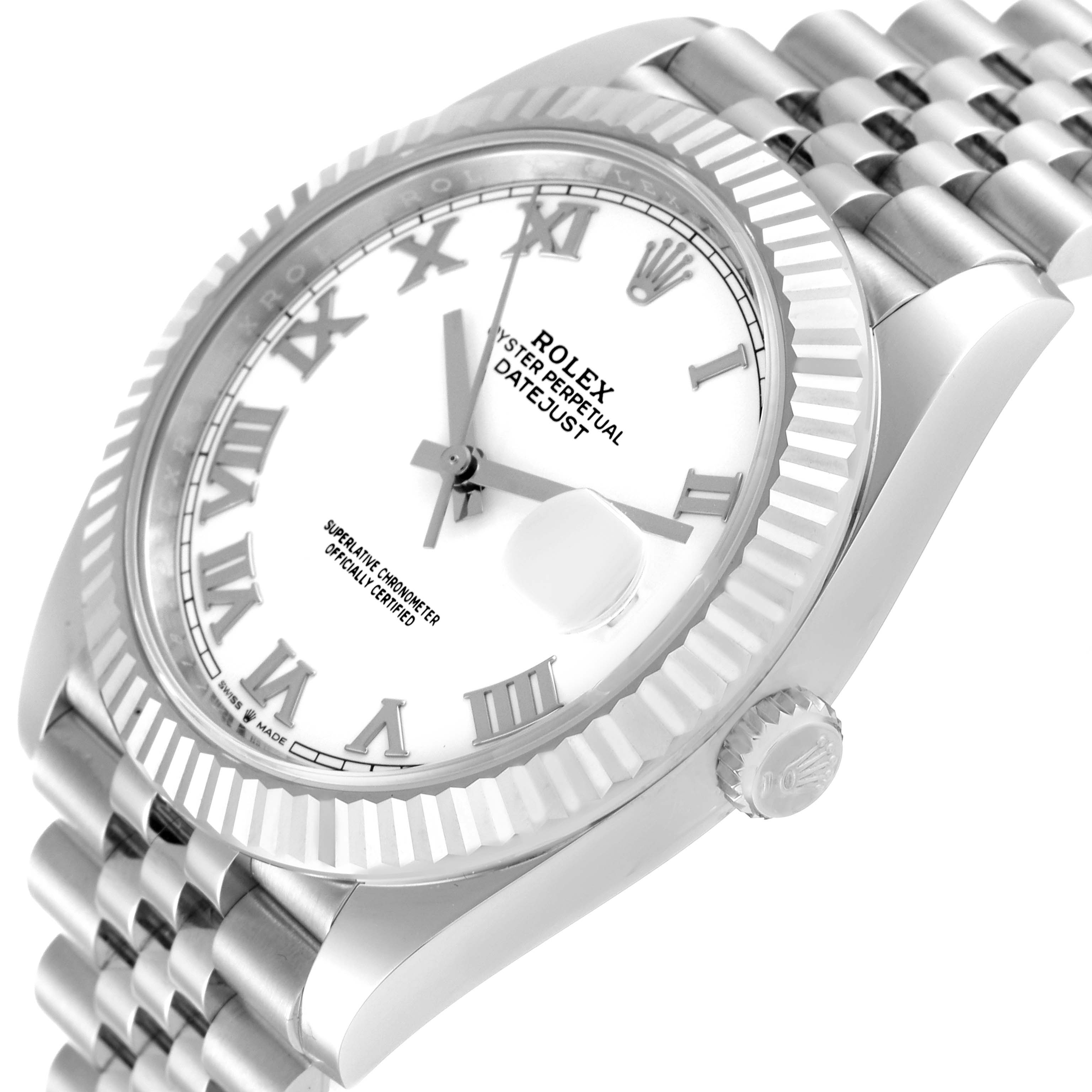 This image shows a Rolex Datejust 41 126334 Men's Stainless Steel White Dial 126334 Men's Stainless Steel White Dial watch from an angled perspective, highlighting the bezel, dial, crown, and bracelet.
