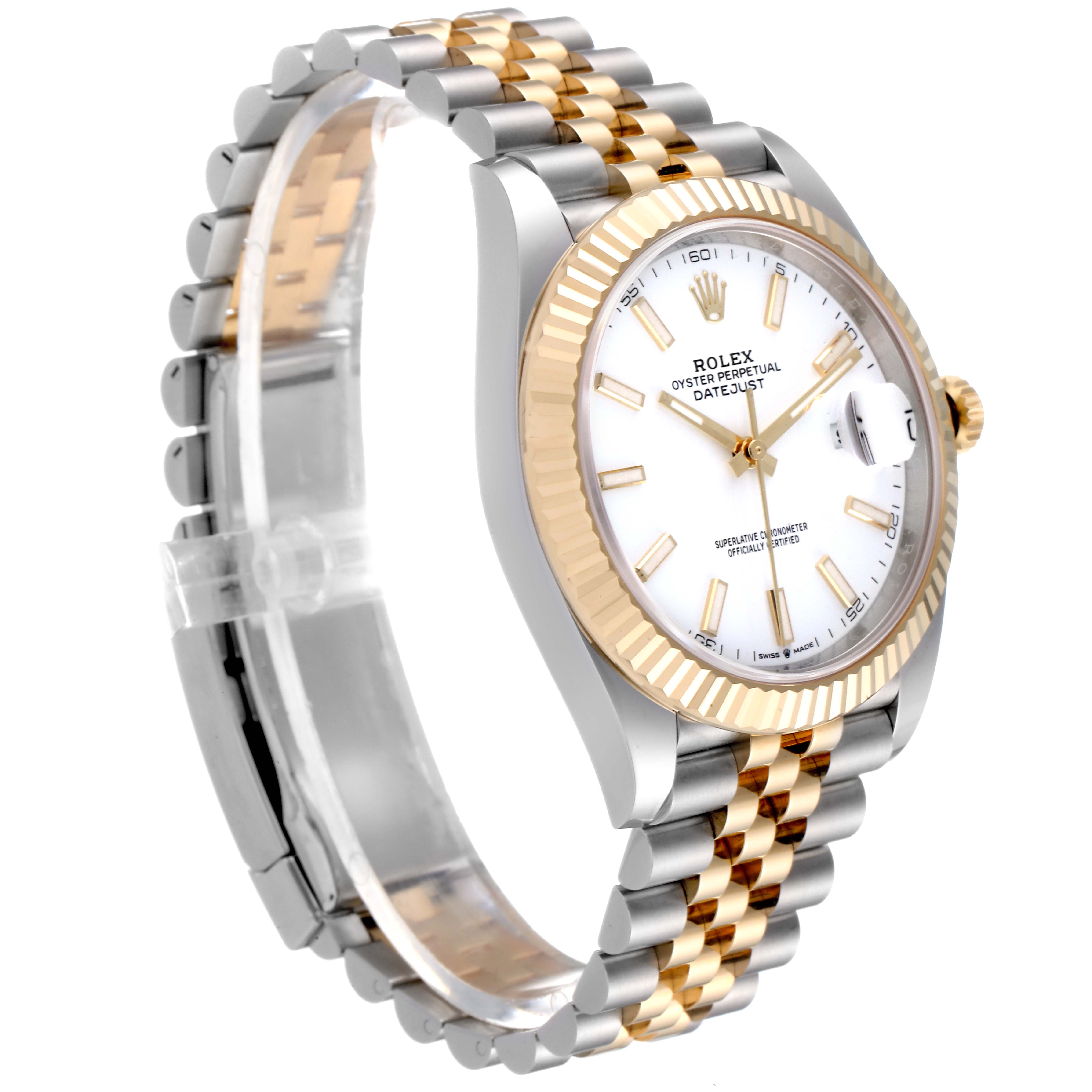 The image shows a Rolex Datejust 41 126333 Men's Steel and Gold (two tone) White Dial 126333 Men's Steel and Gold (two tone) White Dial watch at a three-quarter angle, displaying the dial, bezel, and part of the bracelet.