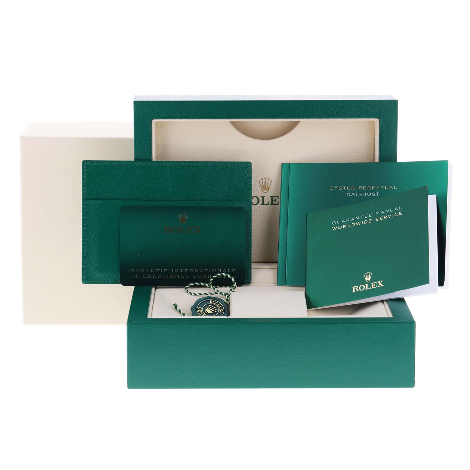 This image shows the Rolex Datejust 41 126333 Men's Steel and Gold (two tone) White Dial 126333 Men's Steel and Gold (two tone) White Dial packaging, warranty card, manuals, and accessories from a front angle.