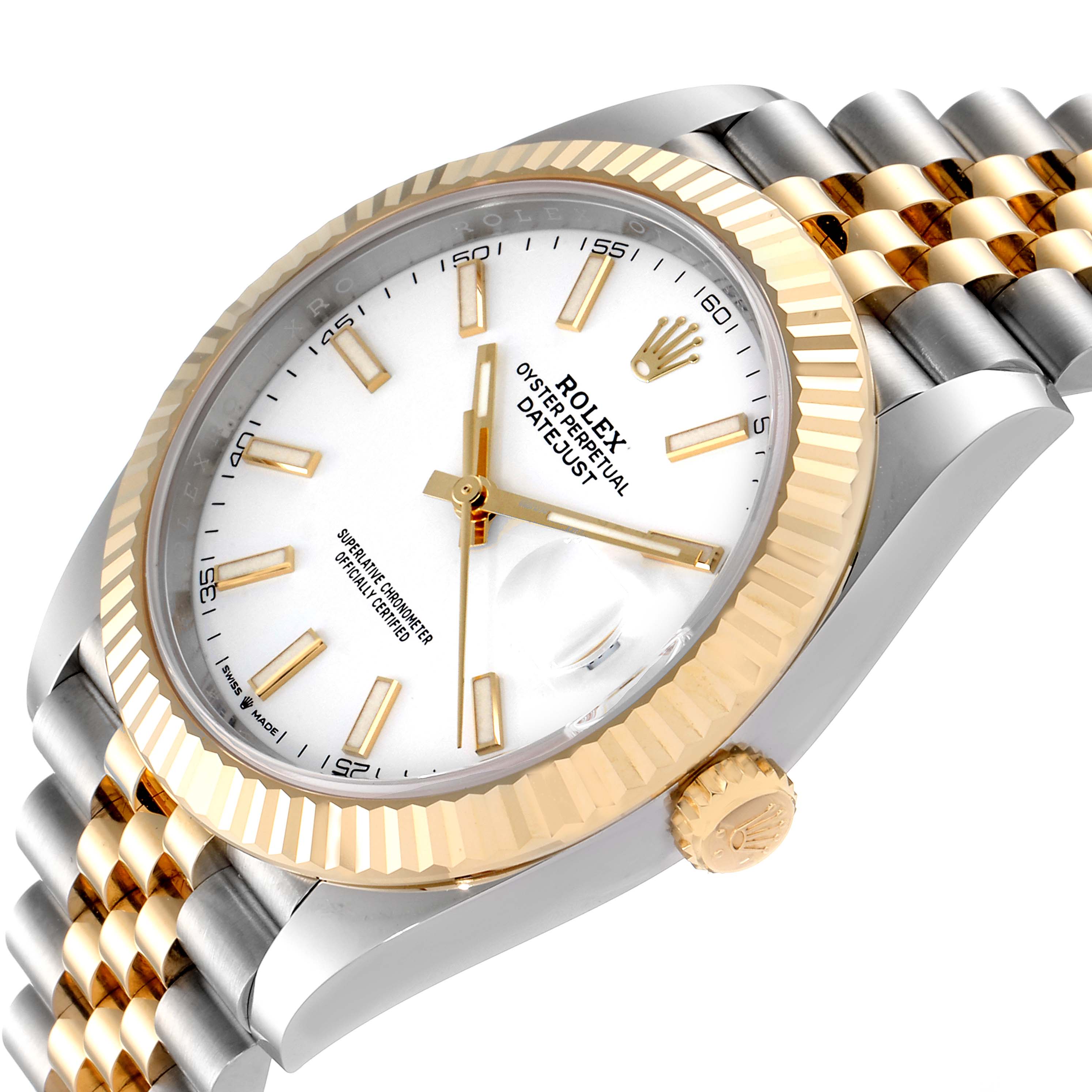 The image shows a Rolex Datejust 41 126333 Men's Steel and Gold (two tone) White Dial 126333 Men's Steel and Gold (two tone) White Dial watch at an angle highlighting its dial, bezel, crown, and bracelet.