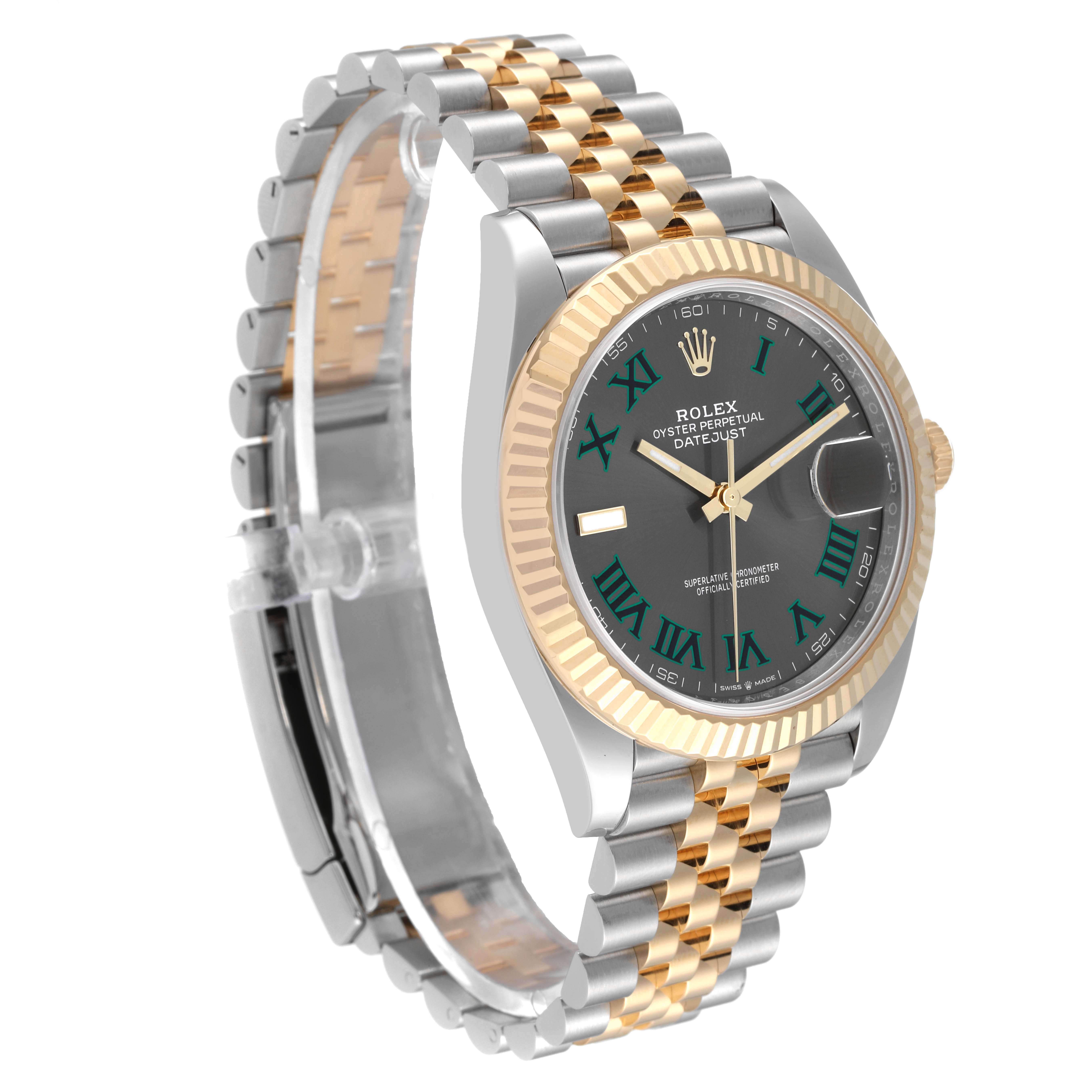 This image shows a side view of the Rolex Datejust 41 126333 Men's Steel and Gold (two tone) Grey Dial 126333 Men's Steel and Gold (two tone) Grey Dial watch, highlighting its bracelet and case.