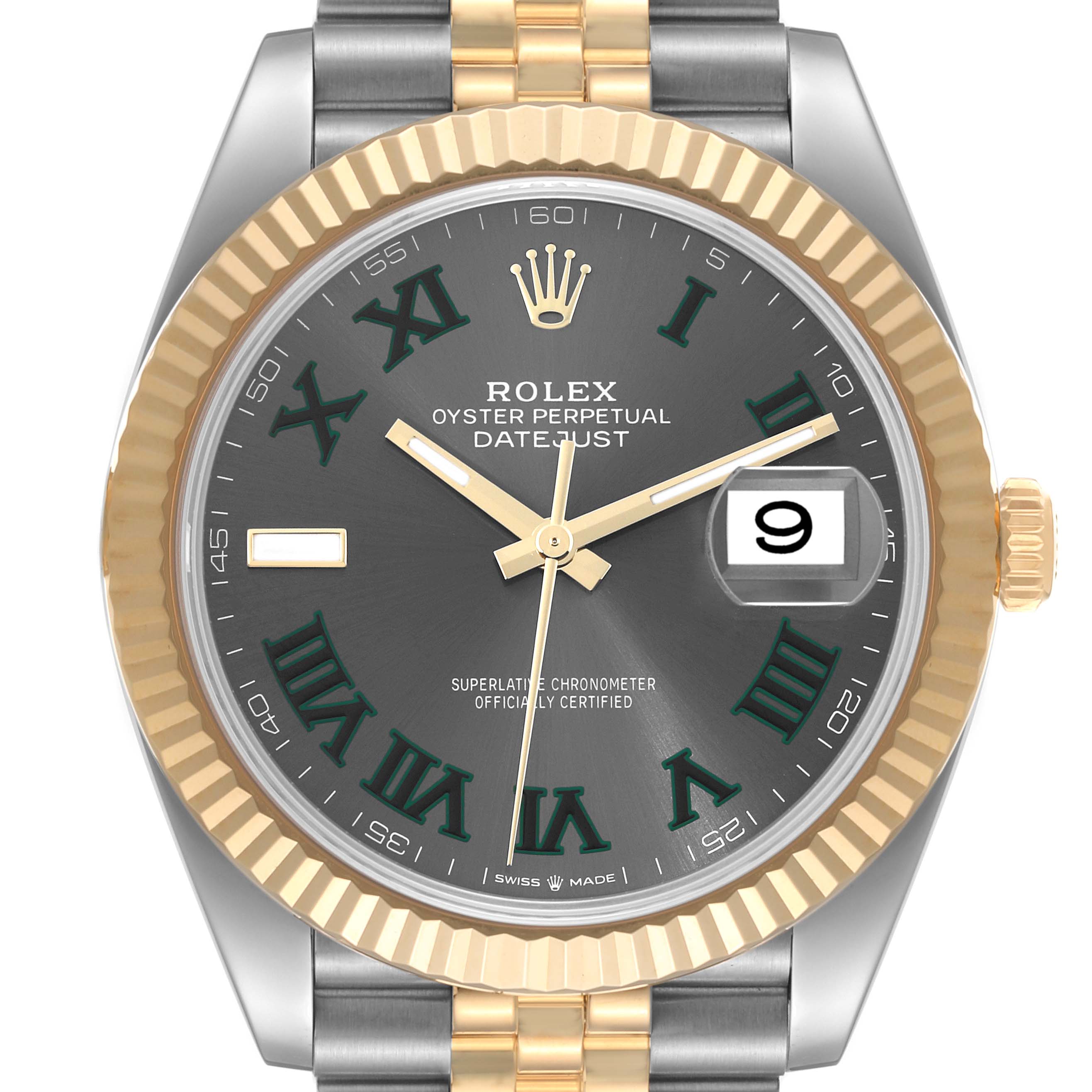 The image shows a front view of the Rolex Datejust 41 126333 Men's Steel and Gold (two tone) Grey Dial 126333 Men's Steel and Gold (two tone) Grey Dial, highlighting the dial, bezel, hands, date window, and bracelet.