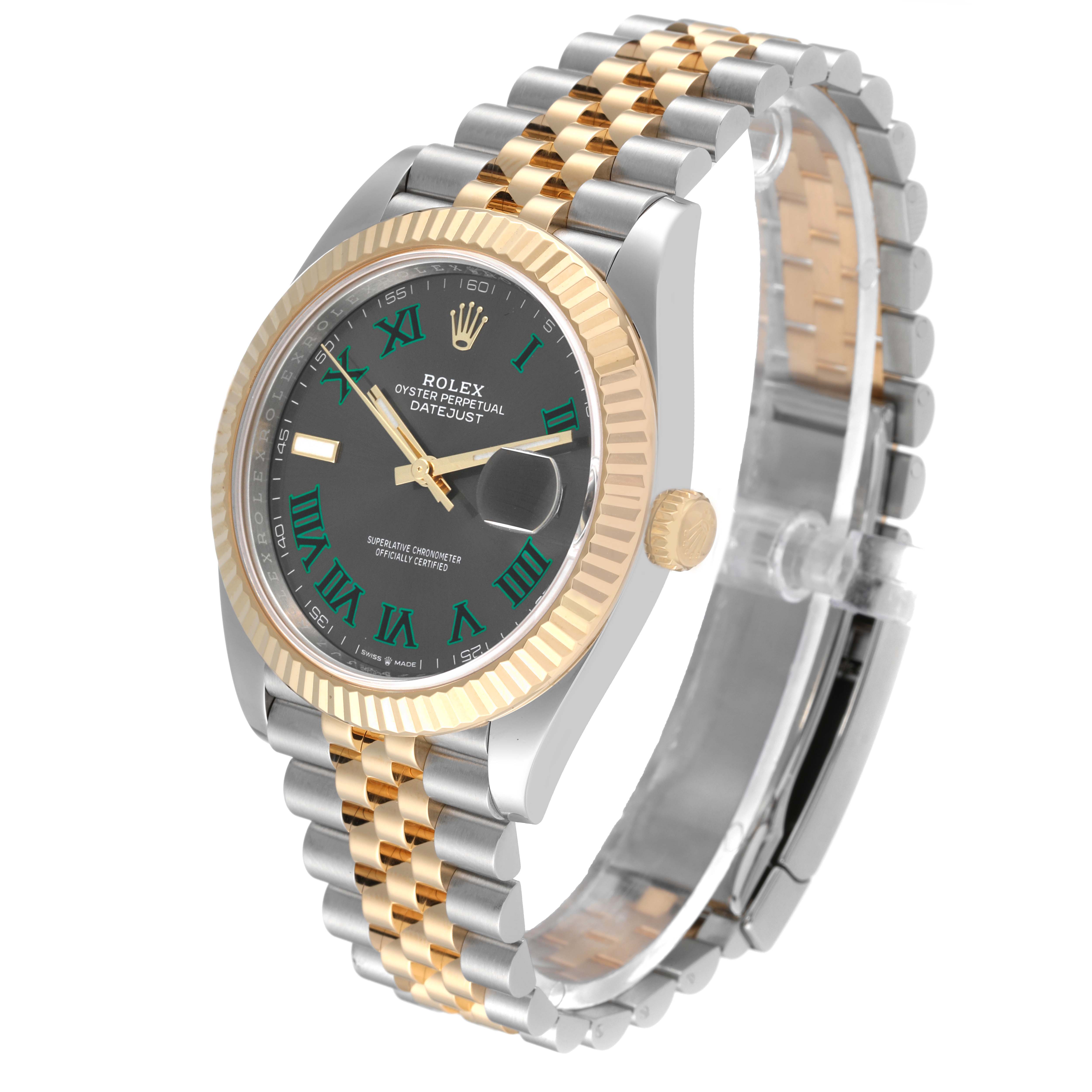 The image shows a Rolex Datejust 41 126333 Men's Steel and Gold (two tone) Grey Dial 126333 Men's Steel and Gold (two tone) Grey Dial watch at an angled side view, highlighting the dial, bezel, and bracelet.