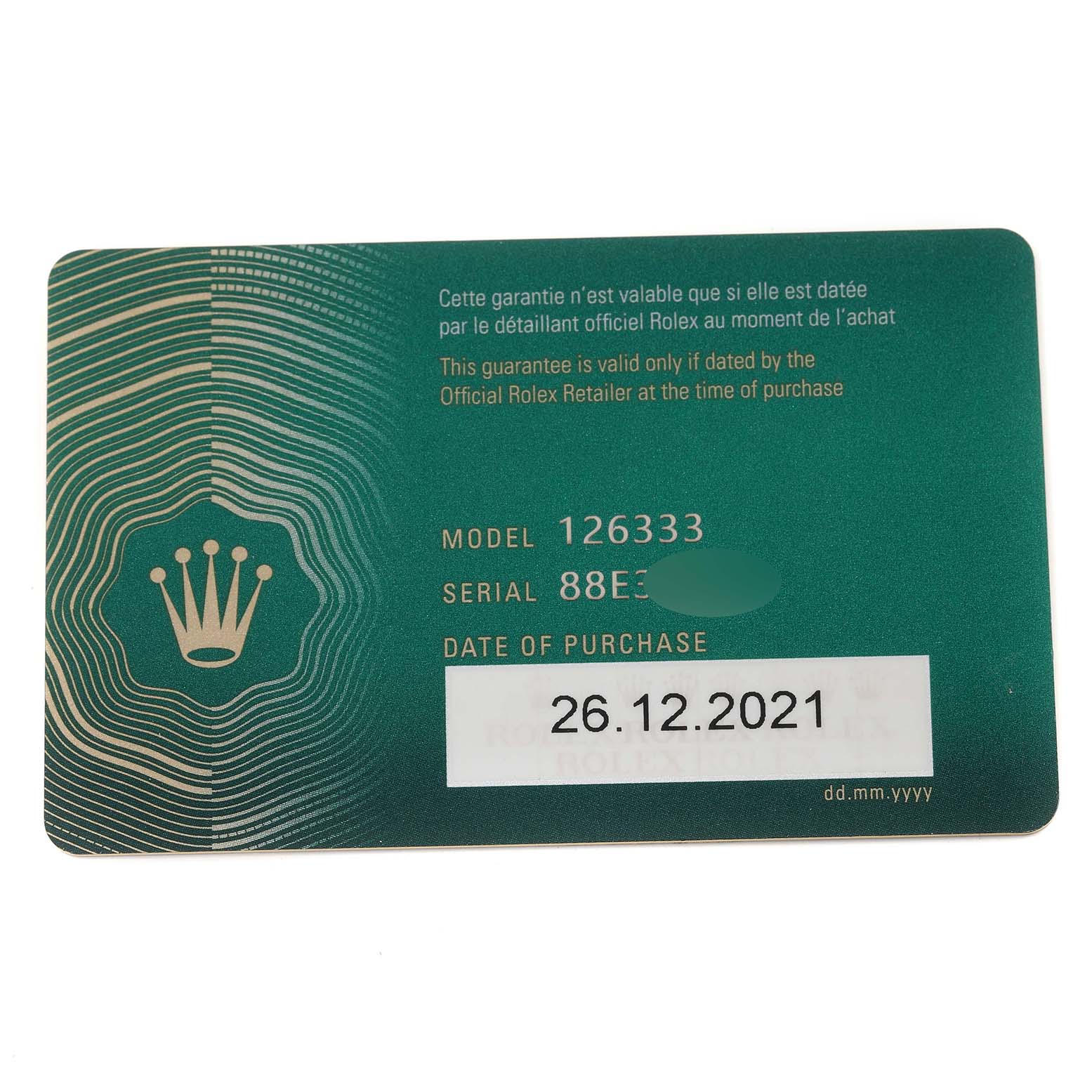 The image shows a guarantee card for a Rolex Datejust 41 126333 Men's Steel and Gold (two tone) Grey Dial 126333 Men's Steel and Gold (two tone) Grey Dial model, with model 126333, serial number partially obscured, and purchase date 26.12.2021.