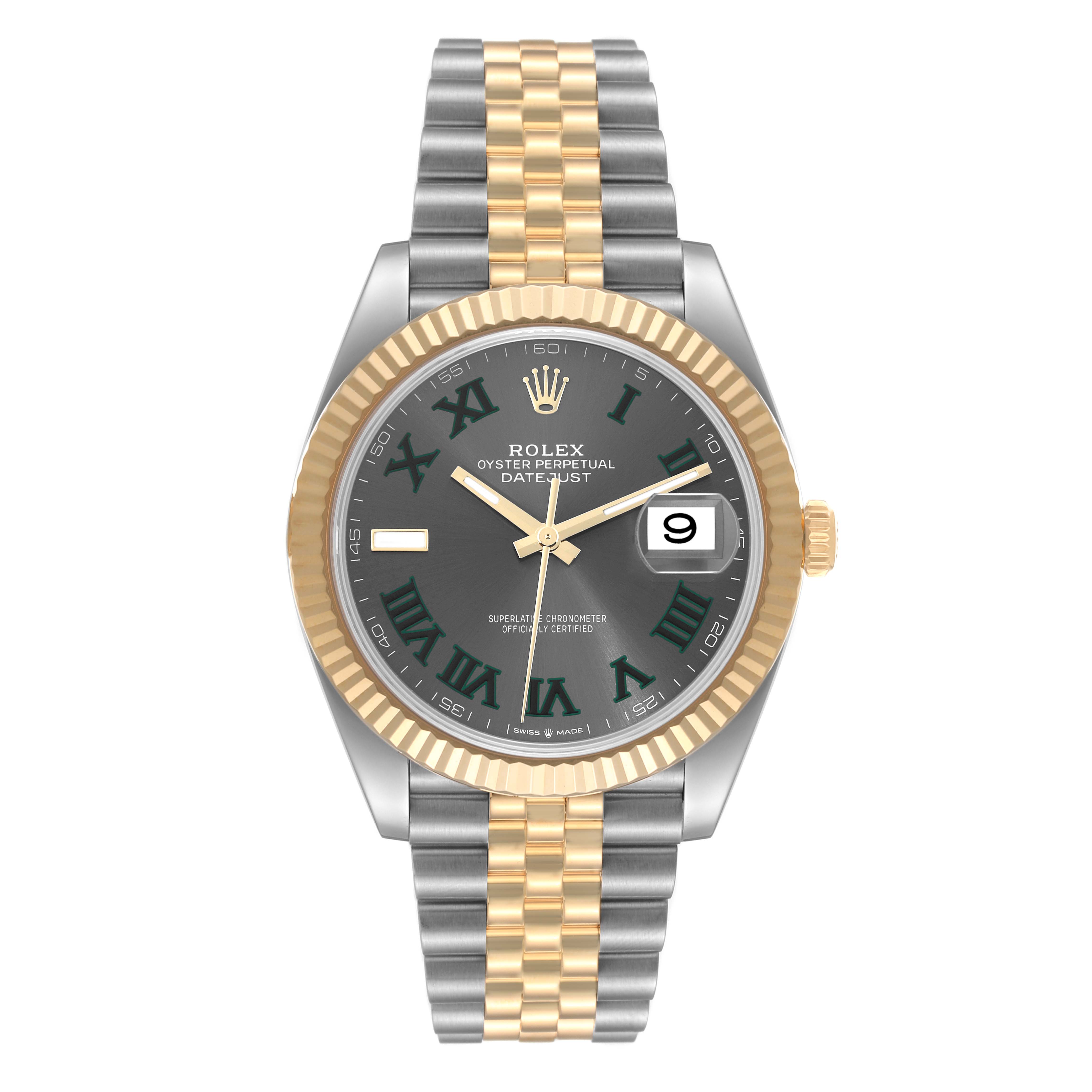 This is a front view of the Rolex Datejust 41 126333 Men's Steel and Gold (two tone) Grey Dial 126333 Men's Steel and Gold (two tone) Grey Dial model showing the dial, bezel, Jubilee bracelet, and date window.
