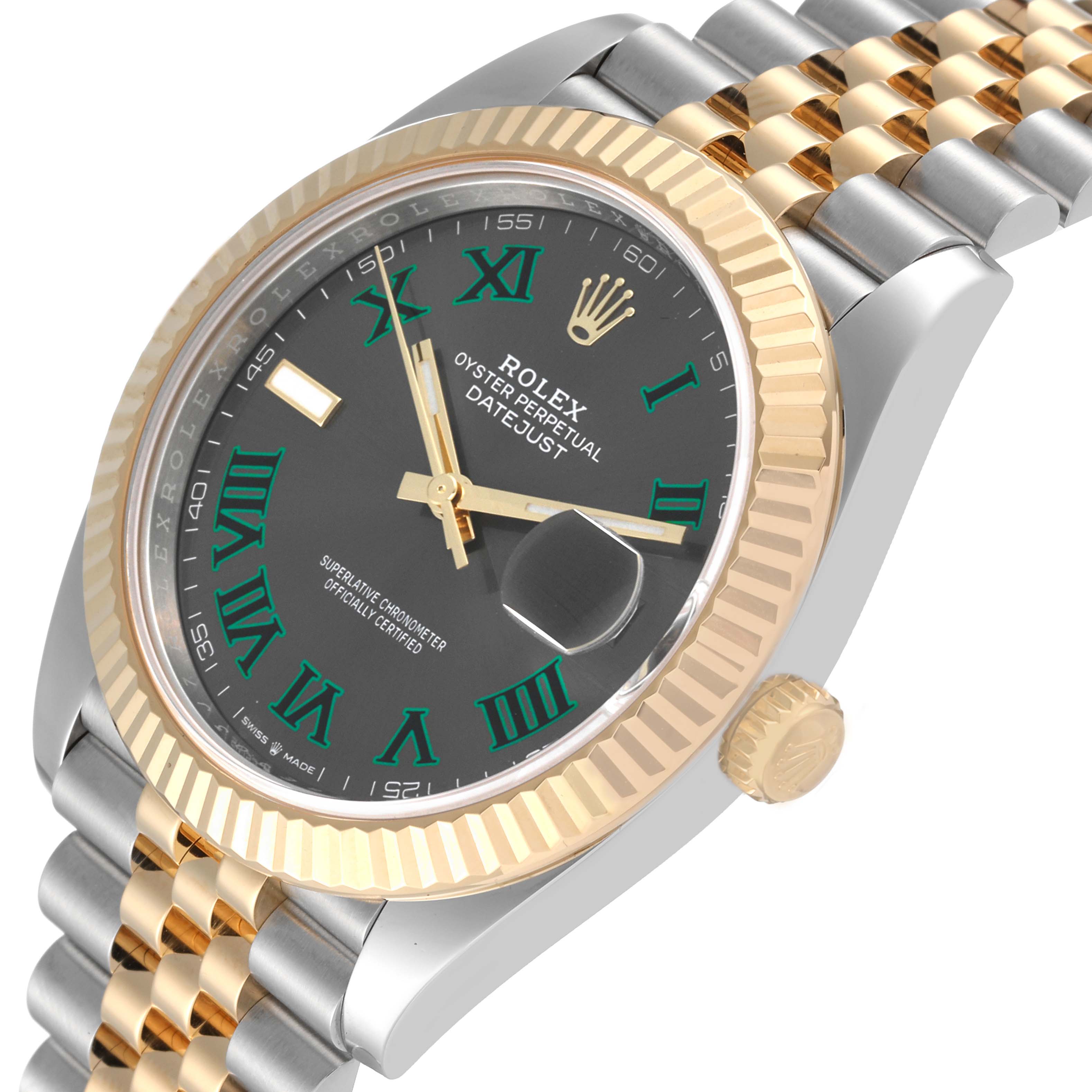 The image shows a close-up angle of a Rolex Datejust 41 126333 Men's Steel and Gold (two tone) Grey Dial 126333 Men's Steel and Gold (two tone) Grey Dial watch, highlighting the bezel, dial, crown, and part of the bracelet.