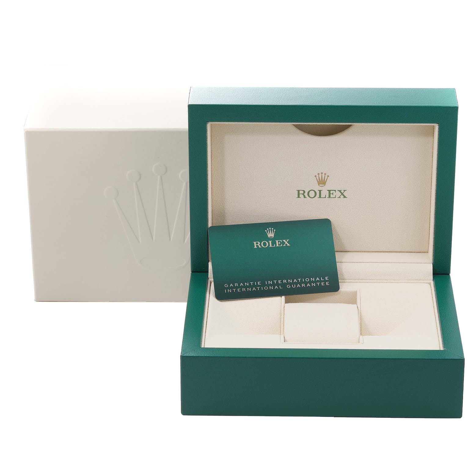 This image shows the packaging and international guarantee card for the Rolex Datejust 41 126333 Men's Steel and Gold (two tone) Grey Dial 126333 Men's Steel and Gold (two tone) Grey Dial model, including the opened green box.