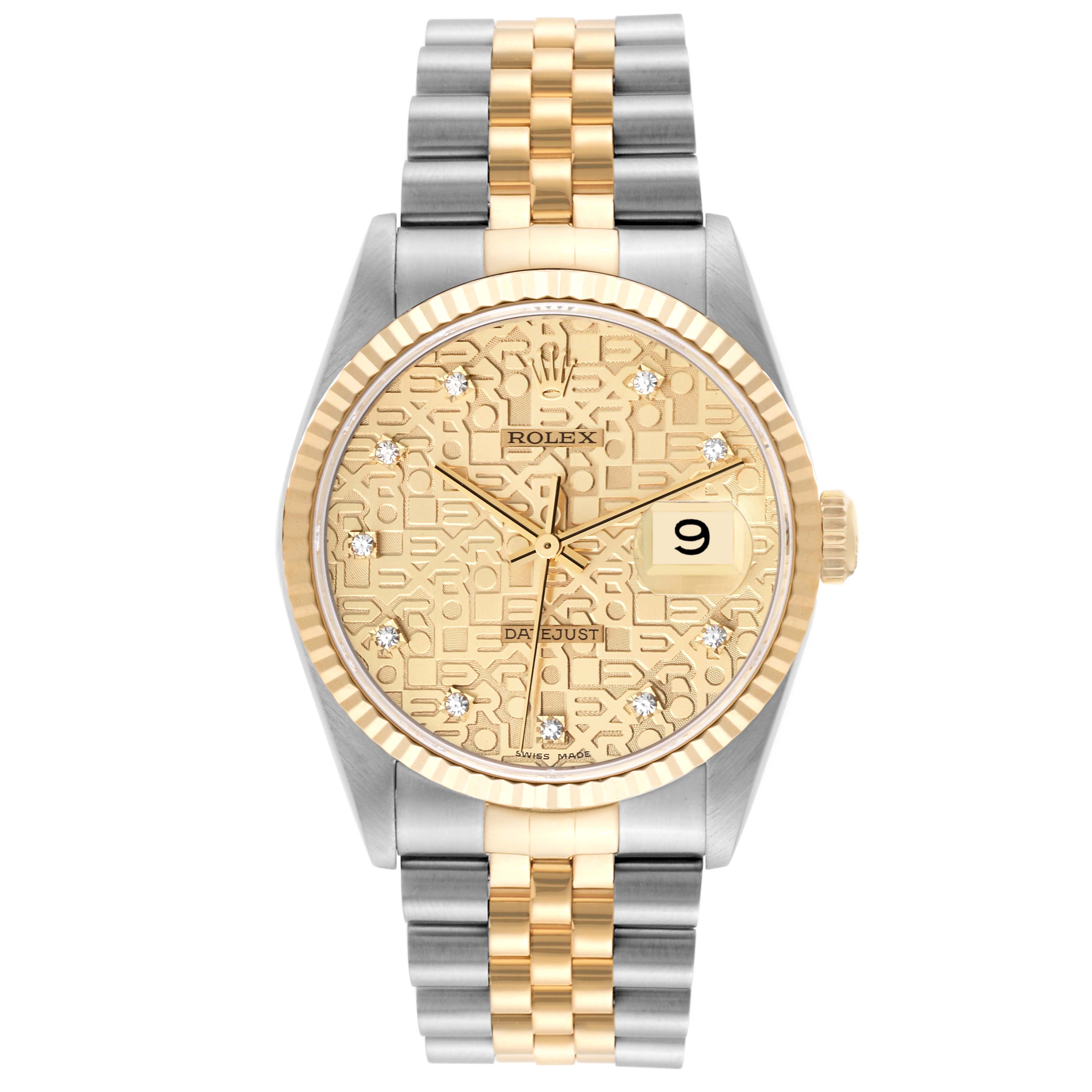 This is a front view of a Rolex Datejust 16233 Men's Steel and Gold (two tone) Champagne Dial 16233 Men's Steel and Gold (two tone) Champagne Dial watch, showing its dial, bezel, crown, and bracelet.