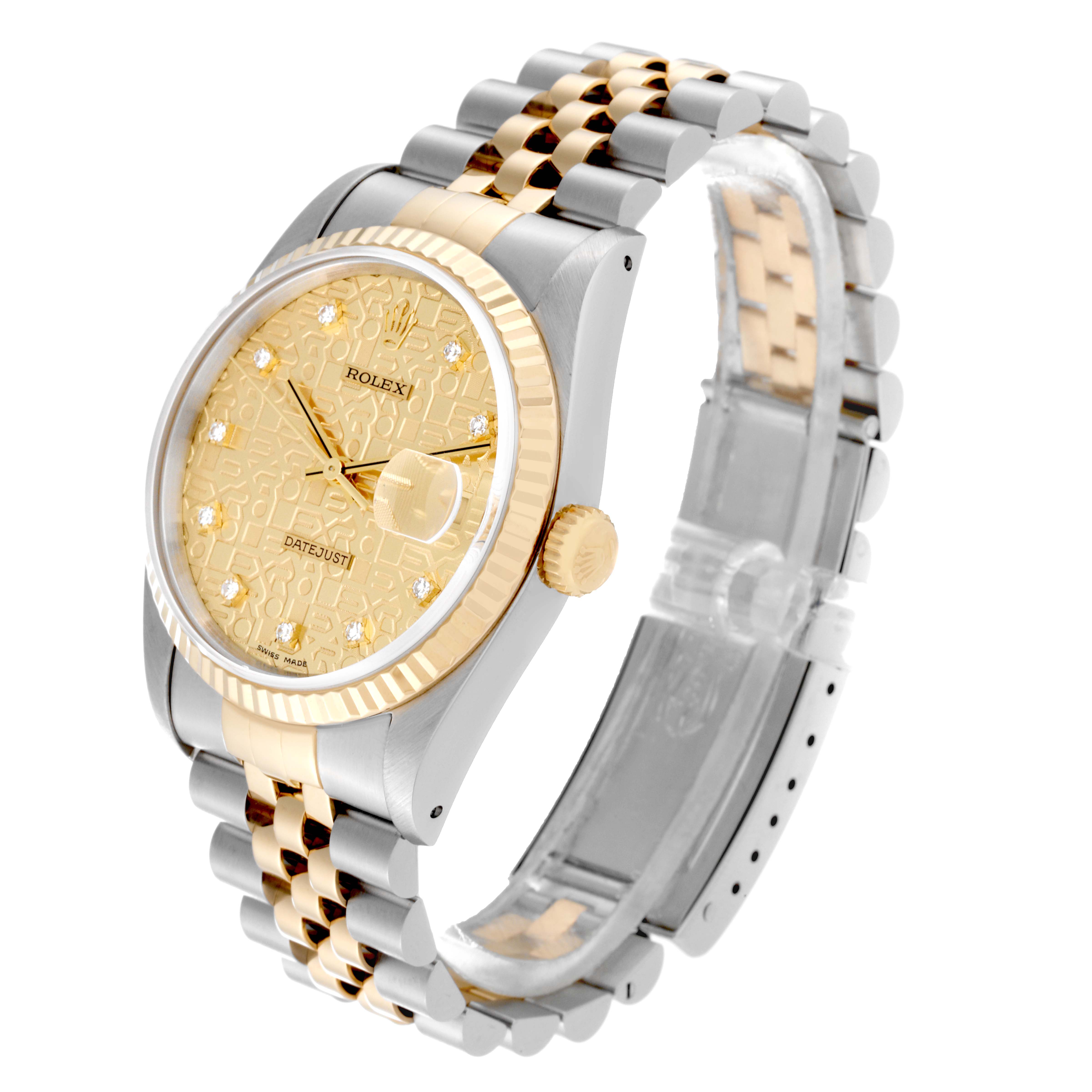This Rolex Datejust 16233 Men's Steel and Gold (two tone) Champagne Dial 16233 Men's Steel and Gold (two tone) Champagne Dial watch is shown at a three-quarter angle, highlighting the case, dial, crown, and Jubilee bracelet.