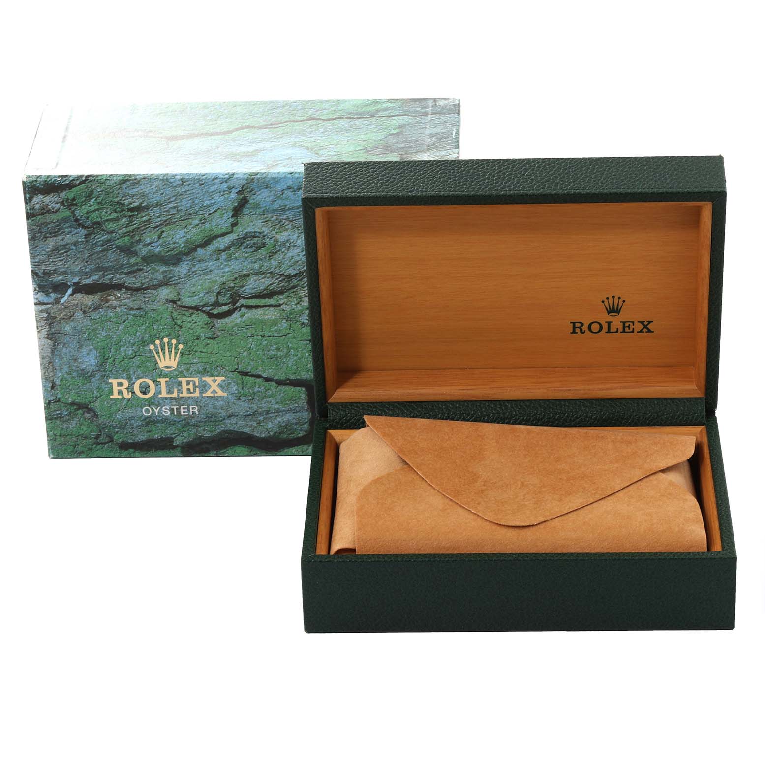 This image shows a Rolex Datejust 16233 Men's Steel and Gold (two tone) Champagne Dial 16233 Men's Steel and Gold (two tone) Champagne Dial watch box and a tan pouch inside from a front-center angle.