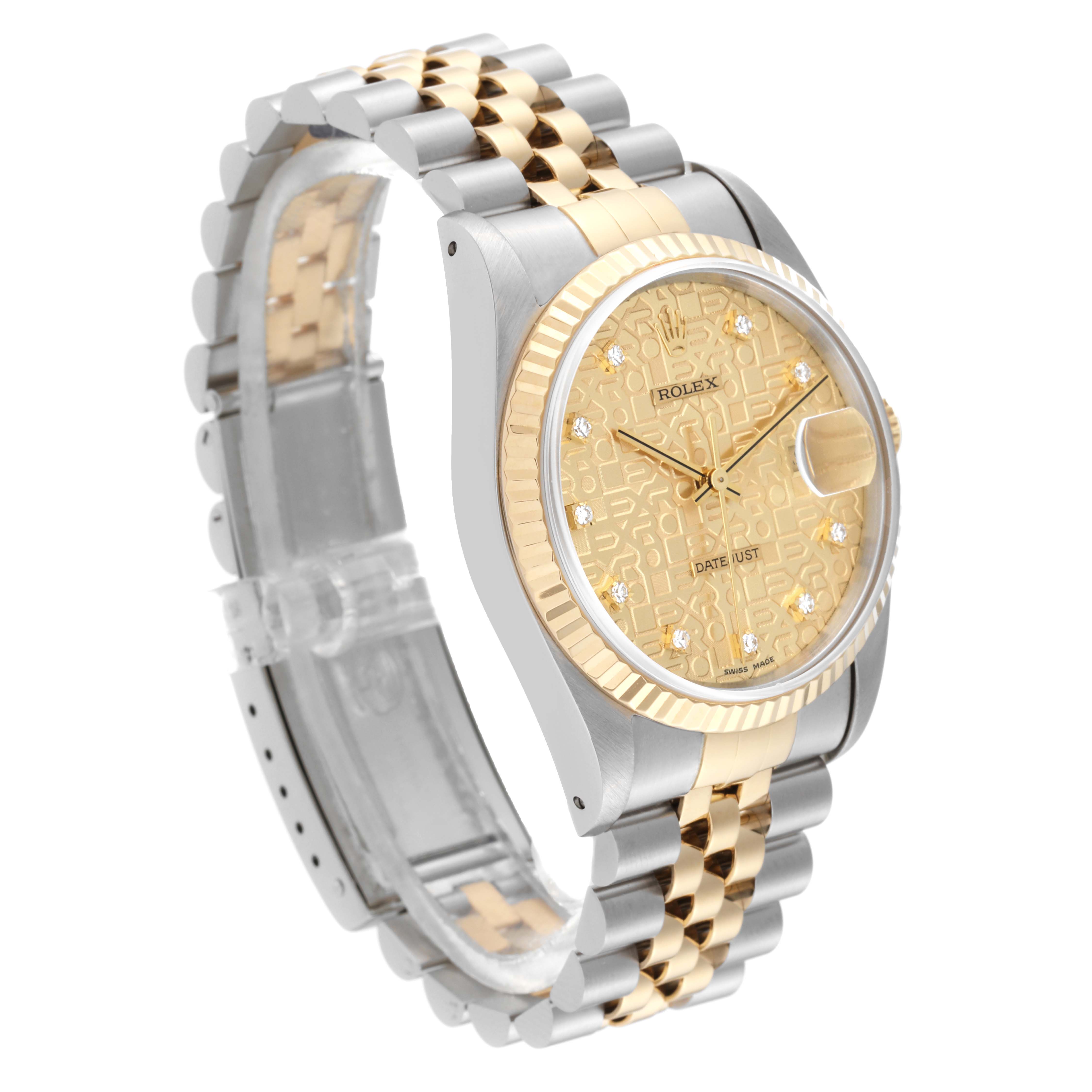 The Rolex Datejust 16233 Men's Steel and Gold (two tone) Champagne Dial 16233 Men's Steel and Gold (two tone) Champagne Dial watch is shown at a three-quarter angle, highlighting the bracelet, bezel, and face.