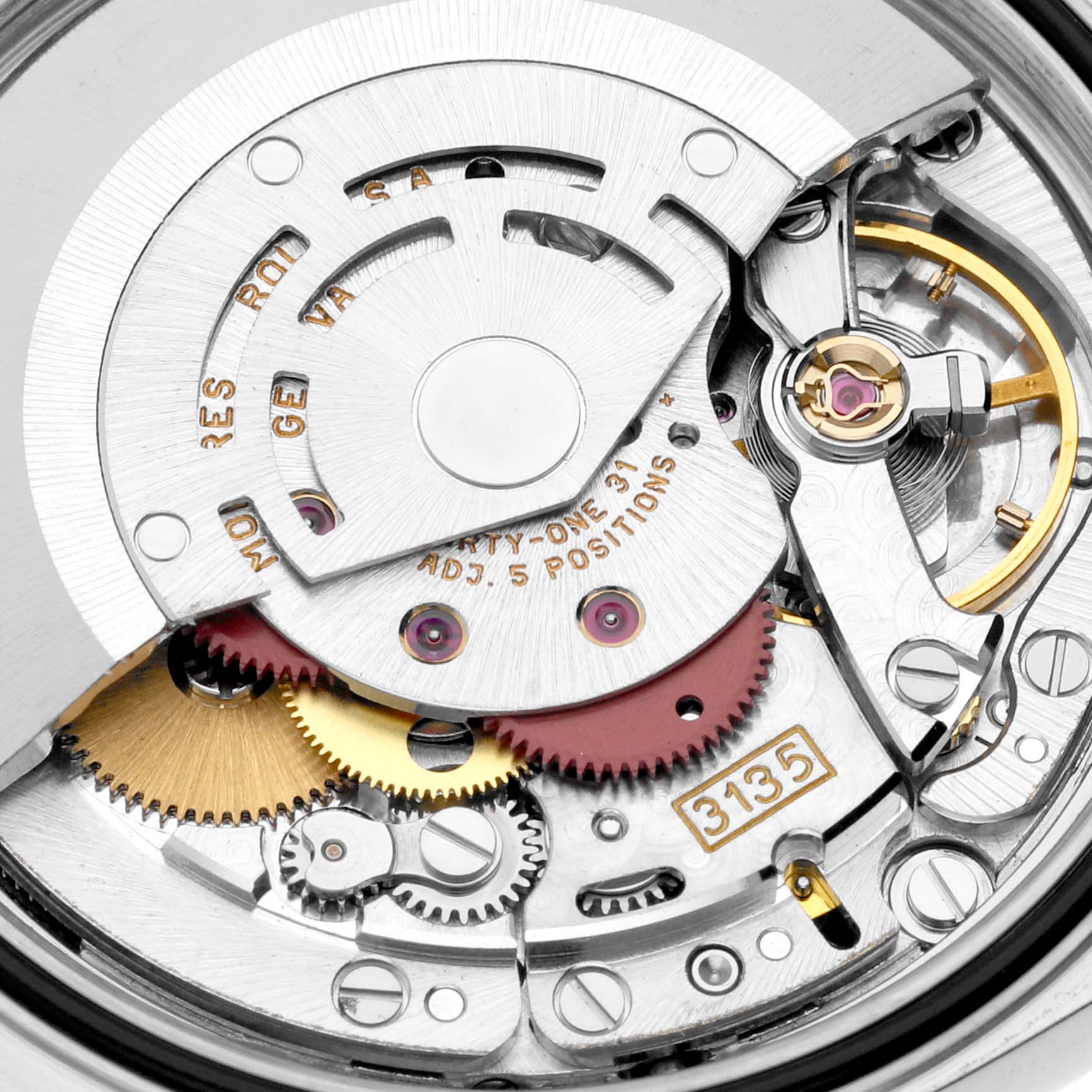 This image shows a close-up view of the movement of a Rolex Datejust 16233 Men's Steel and Gold (two tone) Champagne Dial 16233 Men's Steel and Gold (two tone) Champagne Dial watch, highlighting its gears and intricate mechanism.