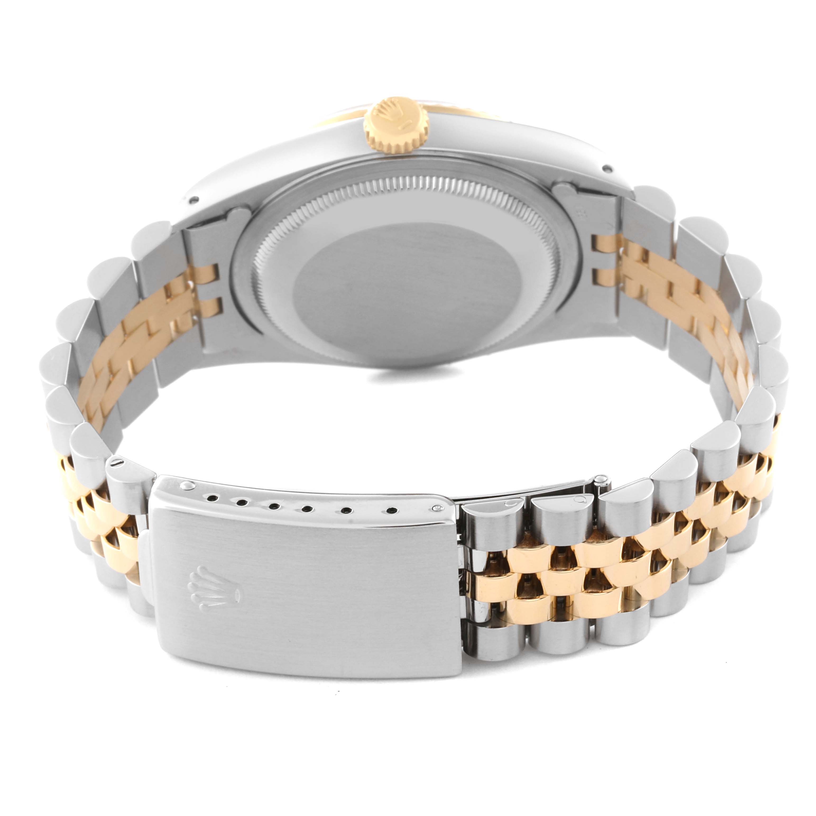 The image shows the back of a Rolex Datejust 16233 Men's Steel and Gold (two tone) Champagne Dial 16233 Men's Steel and Gold (two tone) Champagne Dial watch, highlighting its case, crown, and two-tone Jubilee bracelet with clasp.
