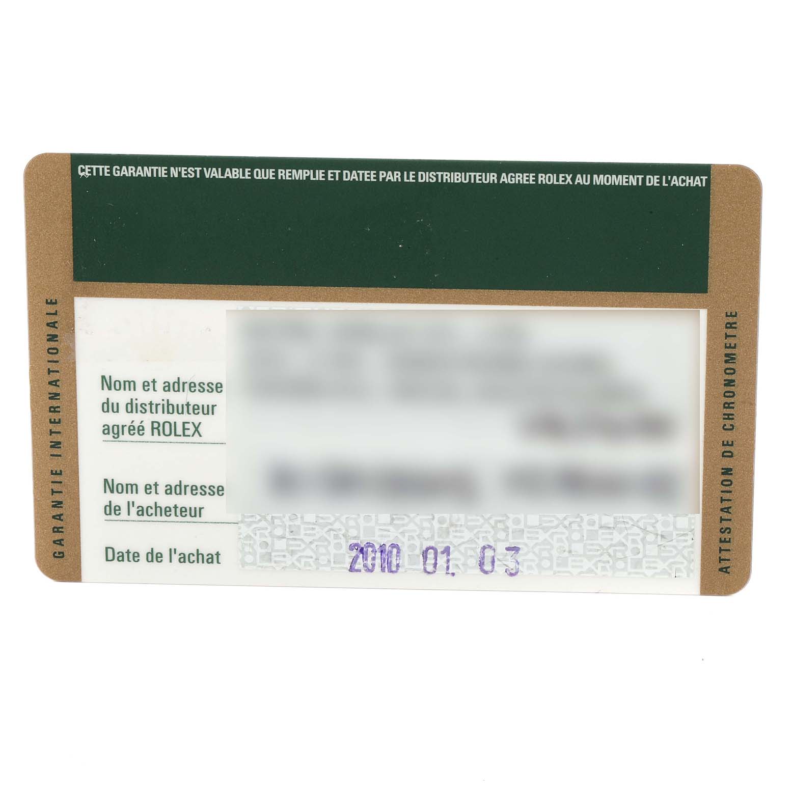 This image shows the warranty card for the Rolex Datejust 116200  Men's Stainless Steel Black Dial 116200  Men's Stainless Steel Black Dial model, highlighting purchase details and authorized distributor information.