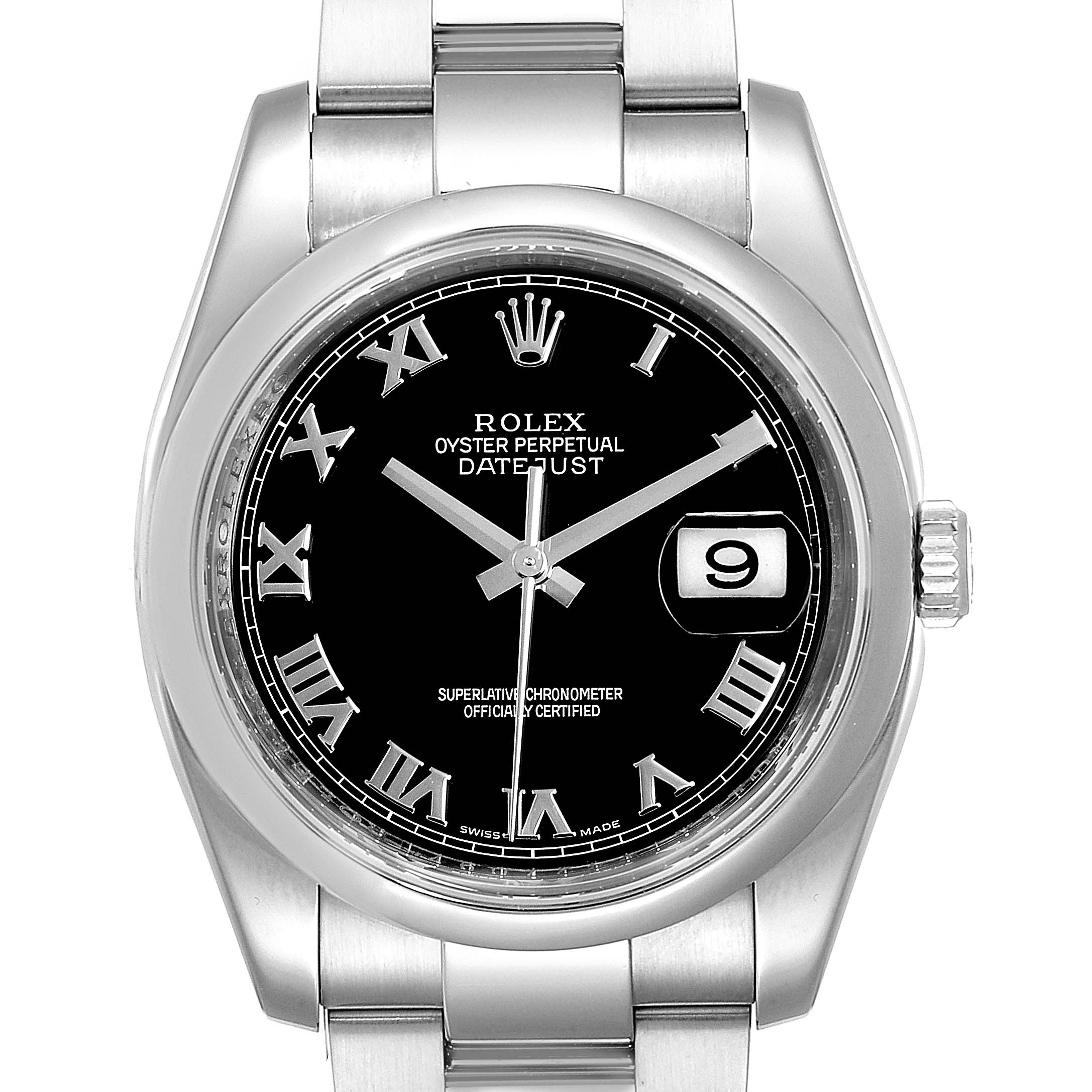 The image shows a front view of a Rolex Datejust 116200  Men's Stainless Steel Black Dial 116200  Men's Stainless Steel Black Dial watch, displaying the dial, bezel, crown, and part of the bracelet.