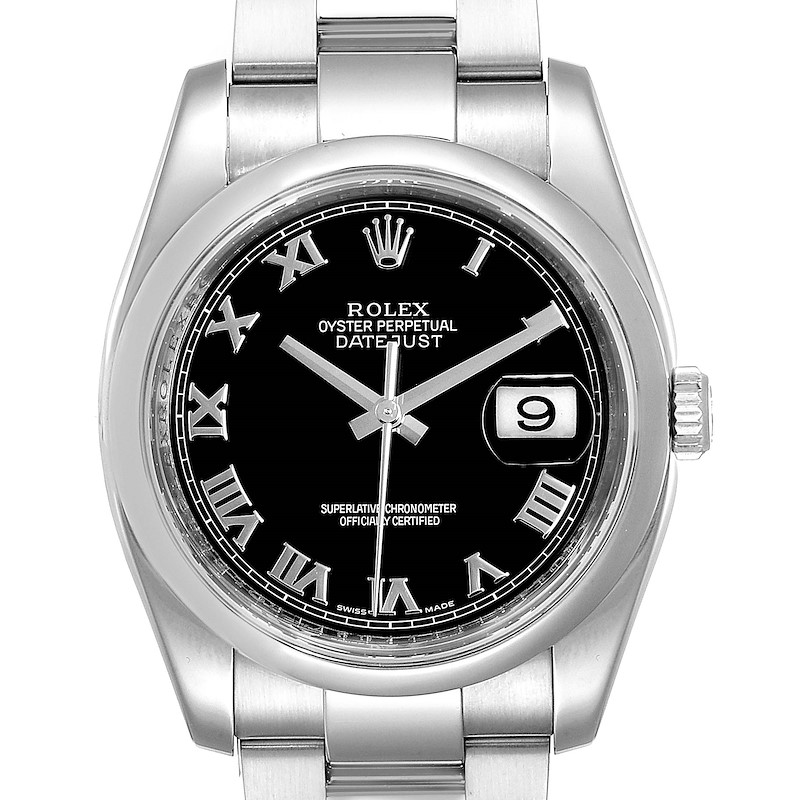 Rolex Datejust Black Roman Dial Steel Mens Watch 116200 Box Card SwissWatchExpo